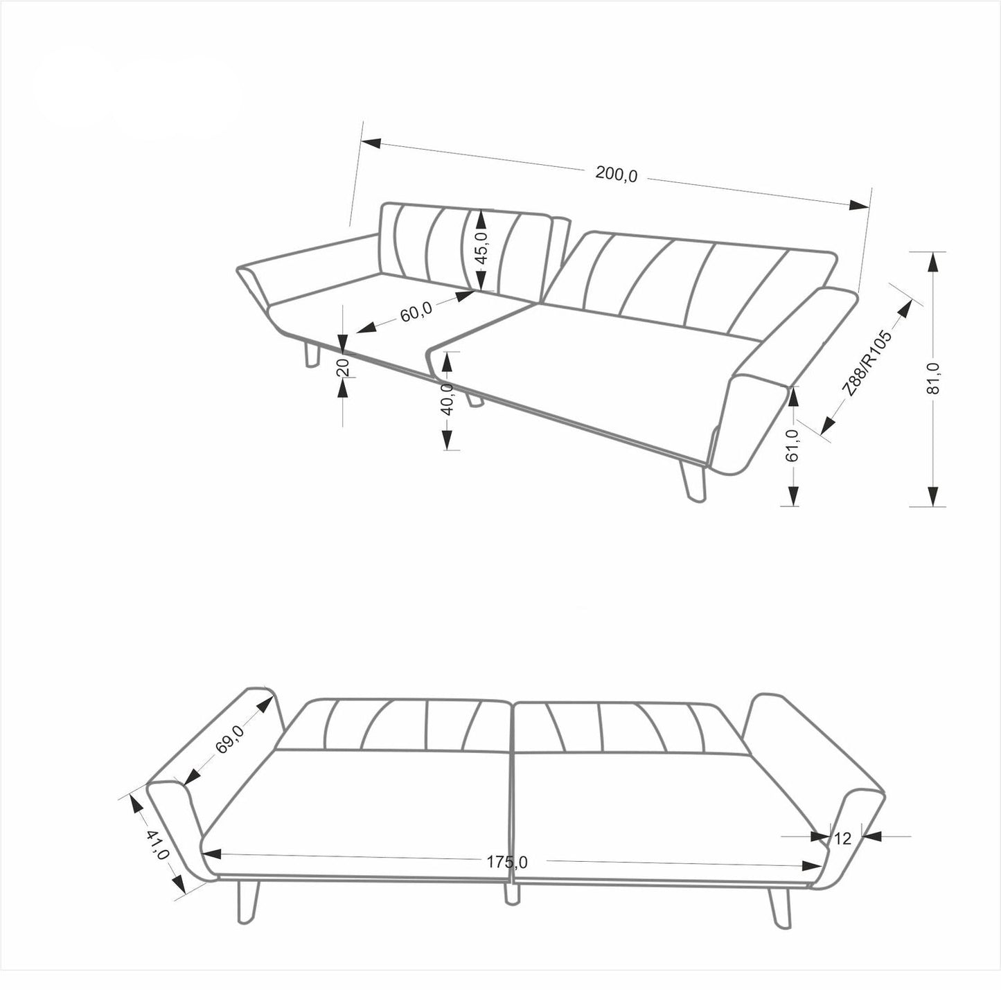 Dīvāns Morza 200/88-105/81-61 cm pelēks - N1 Home