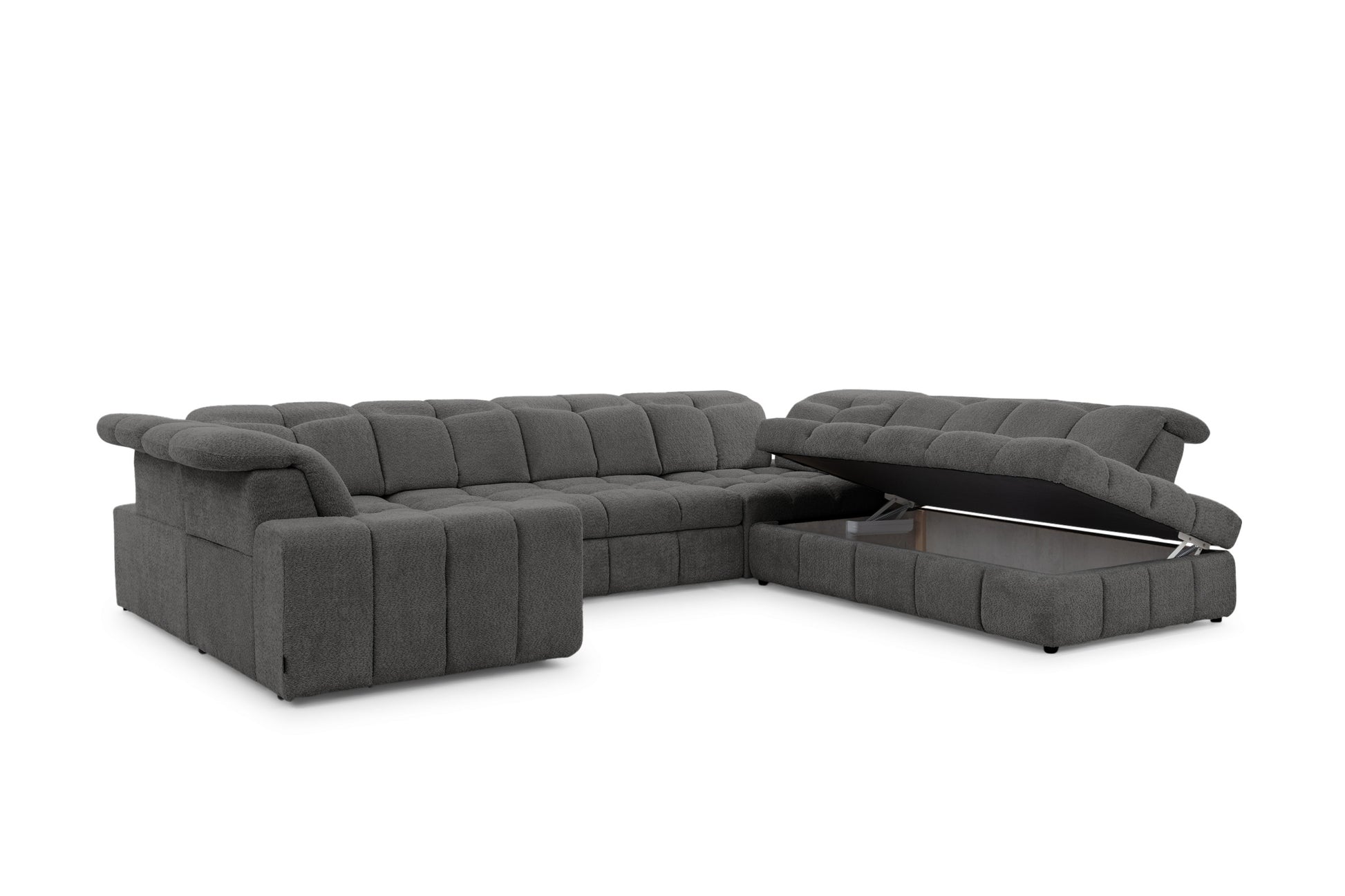 Dīvāns MARSEILLE U labā stūra dīvāns ar elektriski izvelkamu sēdekli un gulēšanas funkciju - pelēka bukle Catch Me 25 - N1 Home