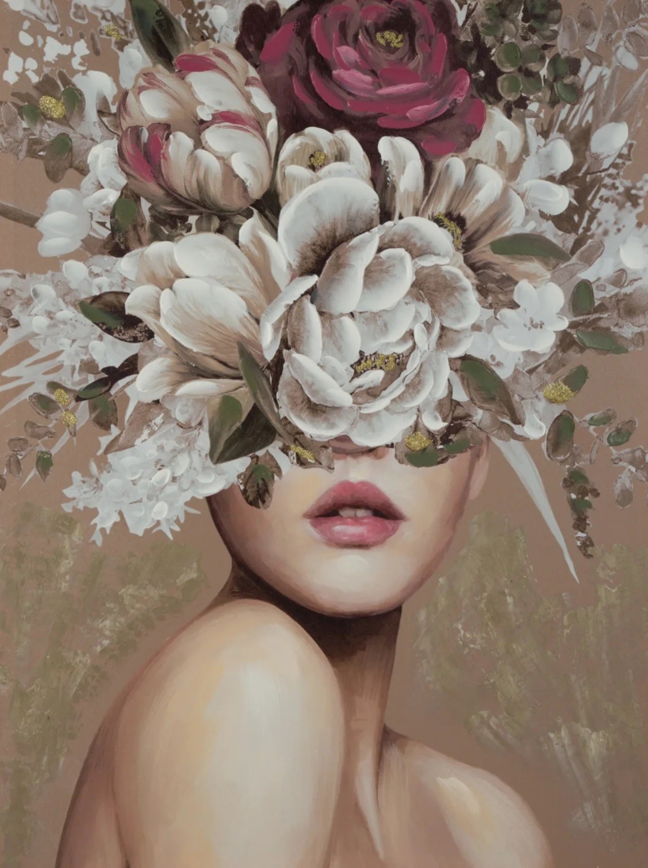 Glezna, ar roku gleznota uz audekla, sievietes portrets ar ziediem uz galvas 60/80 cm - N1 Home