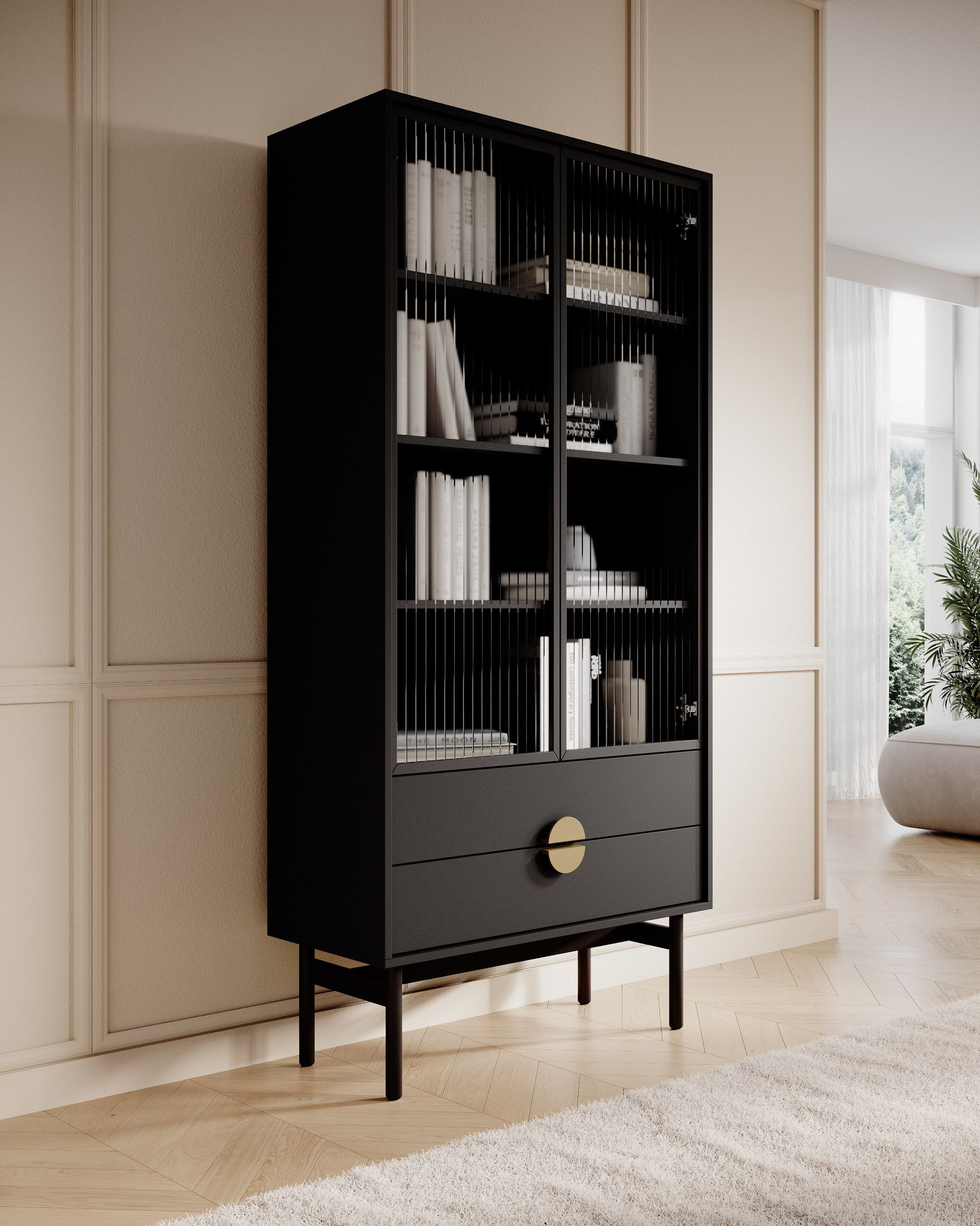 LOON 85 cm augsts skapis ar četriem plauktiem un divām atvilktnēm, melns - N1 Home