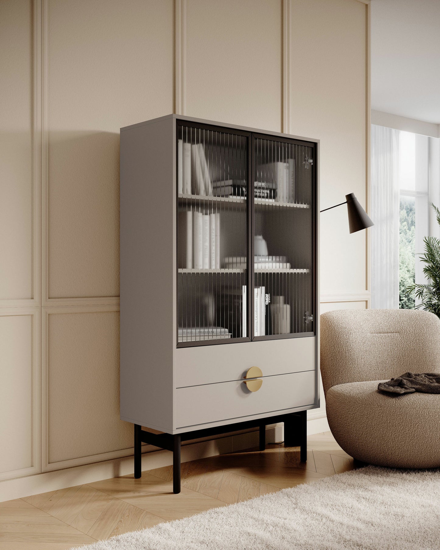 LOON 85 cm zema vitrīna ar trim plauktiem un divām atvilktnēm 85 cm, pelēki bēšs - N1 Home