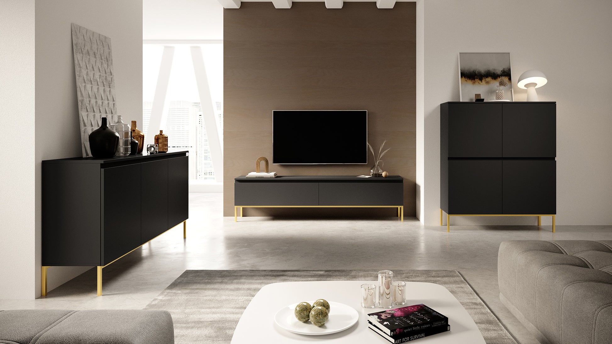 Kumode Bommo 150/77/35 cm melns/zelts - N1 Home