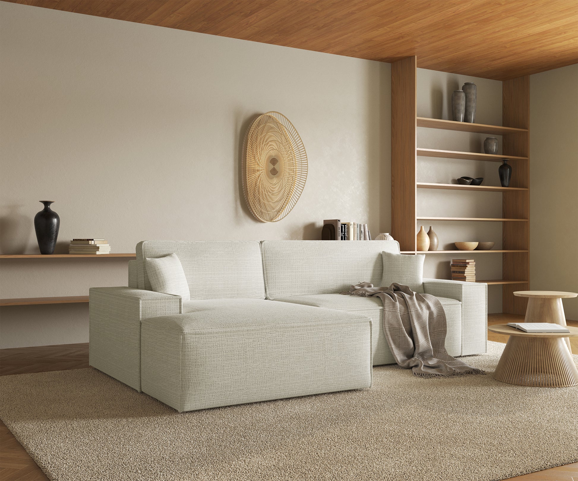 REFESE L-veida dīvāns ar gulēšanas funkciju un glabāšanas kasti, gaiši pelēks šenils, kreisa puse Cremona 01 - N1 Home