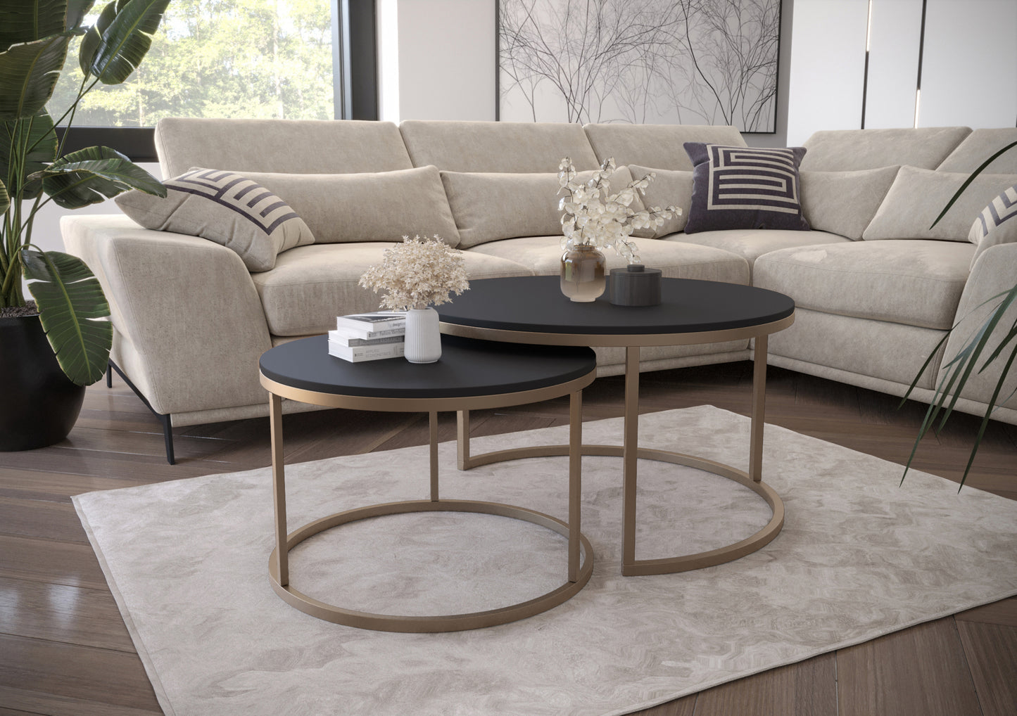 BELLO Divu kafijas galdiņu komplekts, apaļš, 80 un 60 cm, matēts melns ar zelta kājām - N1 Home