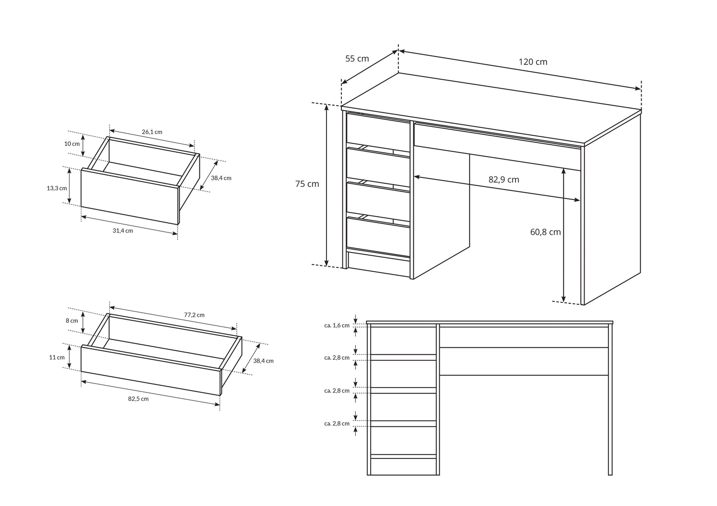 Balts/balts spīdīgs rakstāmgalds ar atvilktnēm Ald 75/120/55 cm - N1 Home
