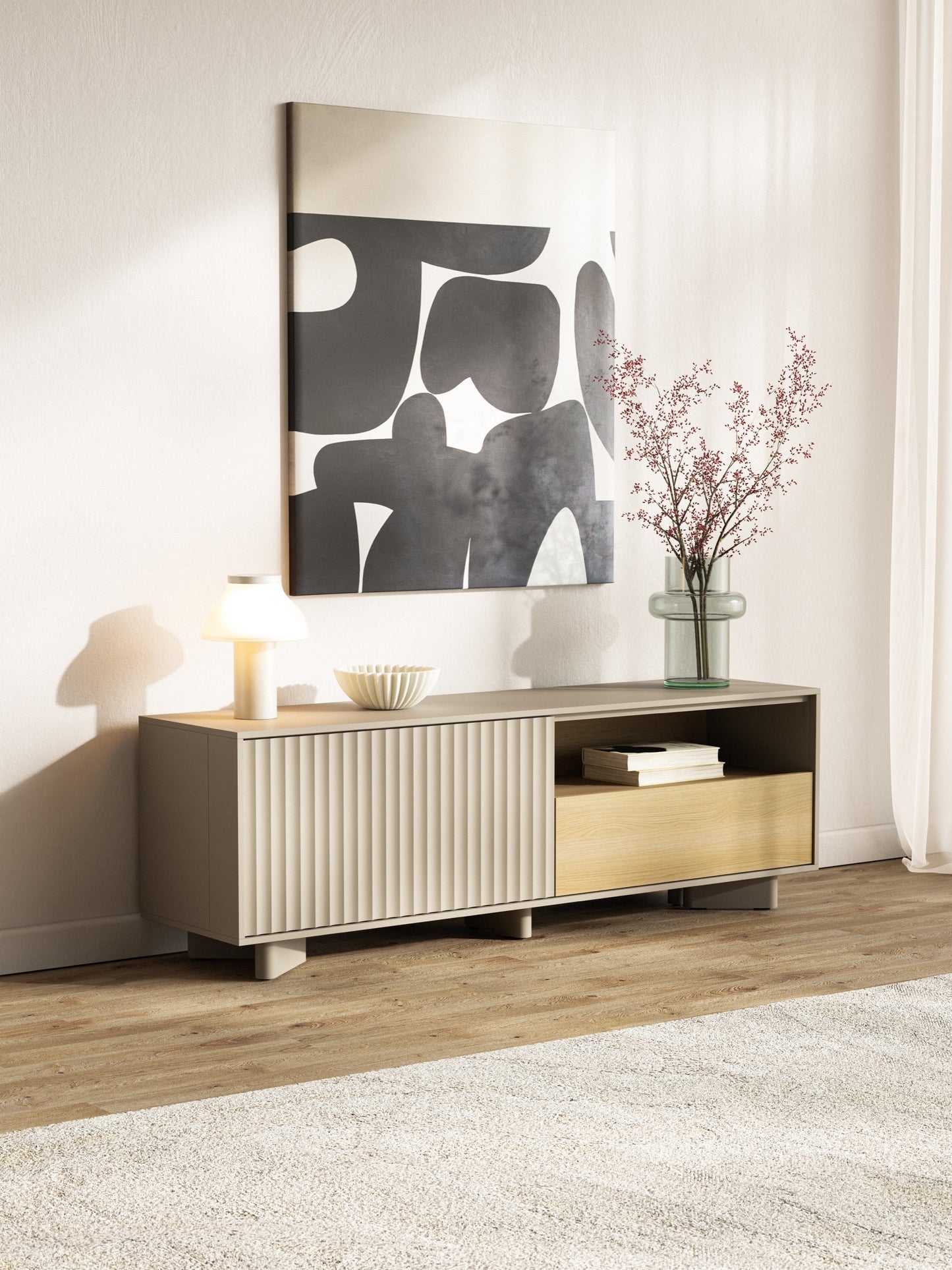 TV skapis Distri Riffle 140/46/35 cm Vičencas ozols/kašmirs