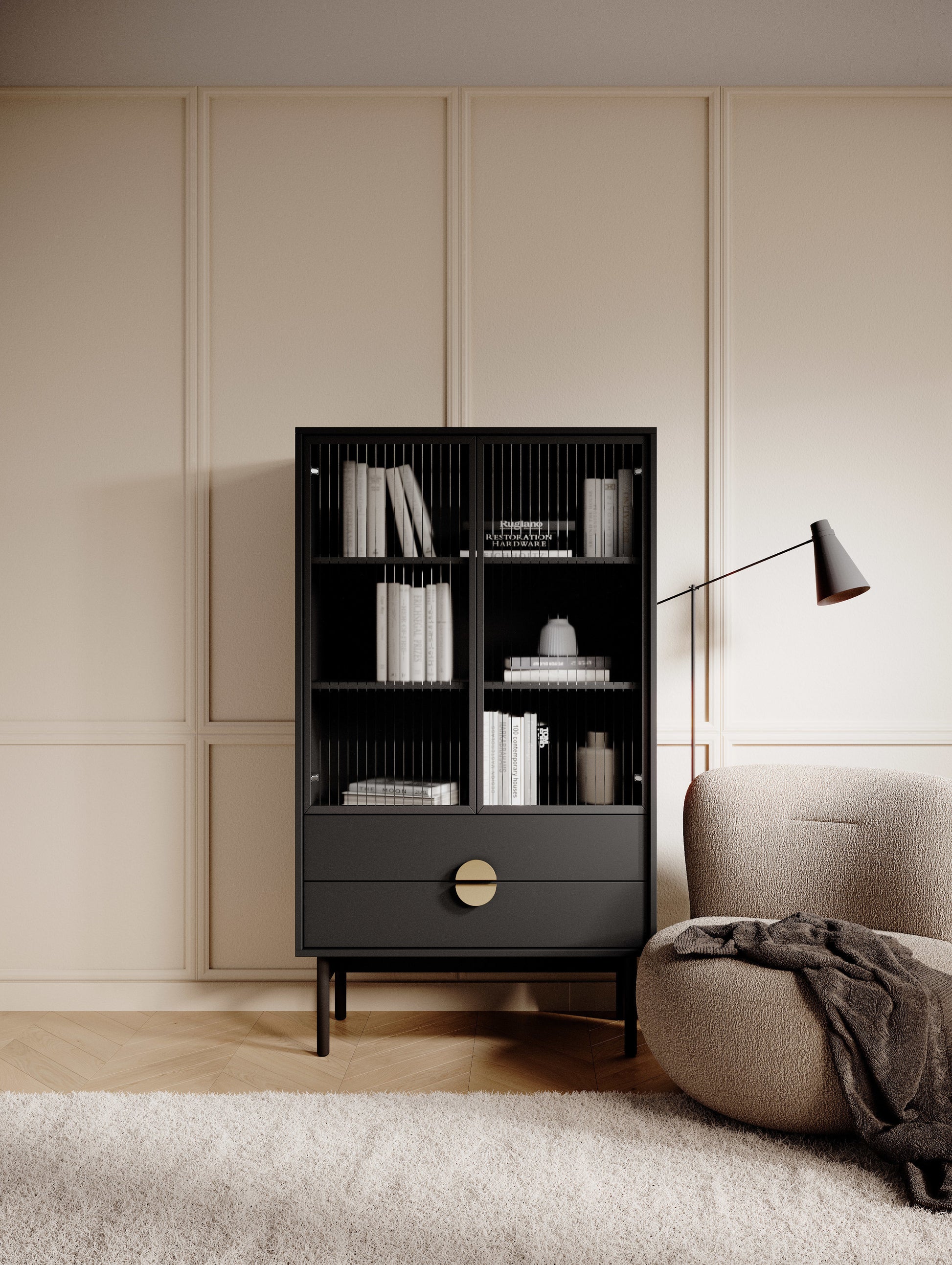 LOON 85 cm zema vitrīna ar trim plauktiem un divām atvilktnēm 85 cm, melna - N1 Home