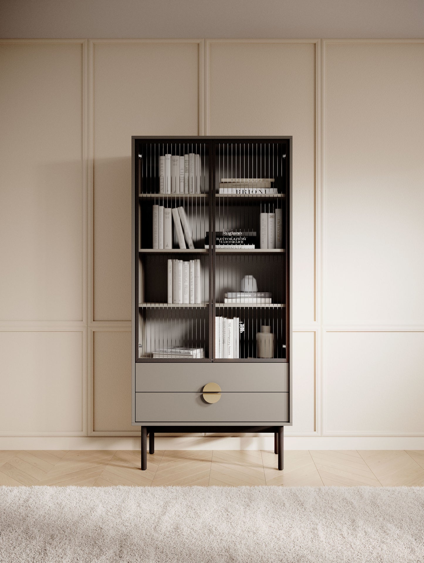 LOON 85 cm augsts skapis ar četriem plauktiem un divām atvilktnēm, bēšs/kapučīno krāsā - N1 Home