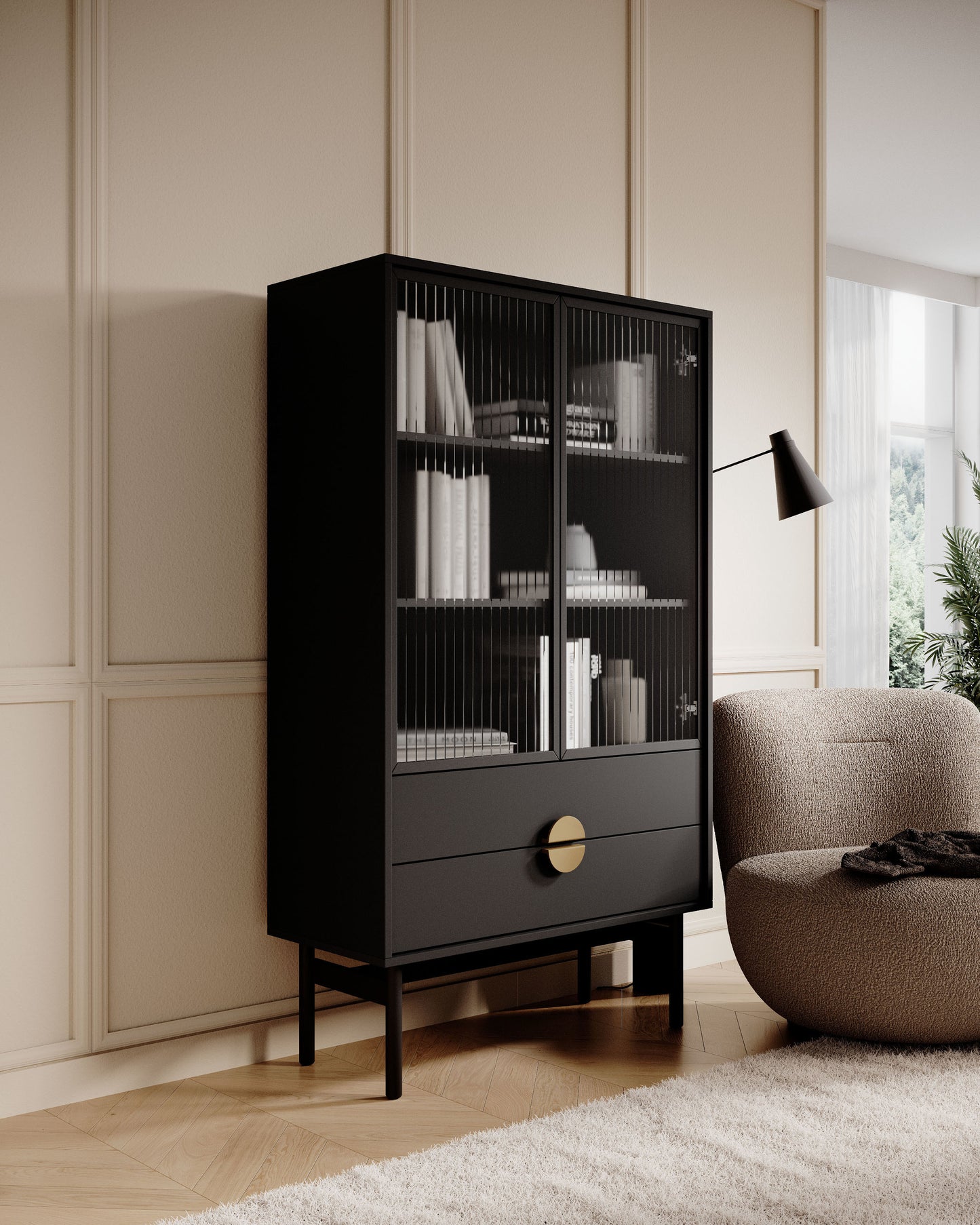 LOON 85 cm zema vitrīna ar trim plauktiem un divām atvilktnēm 85 cm, melna - N1 Home