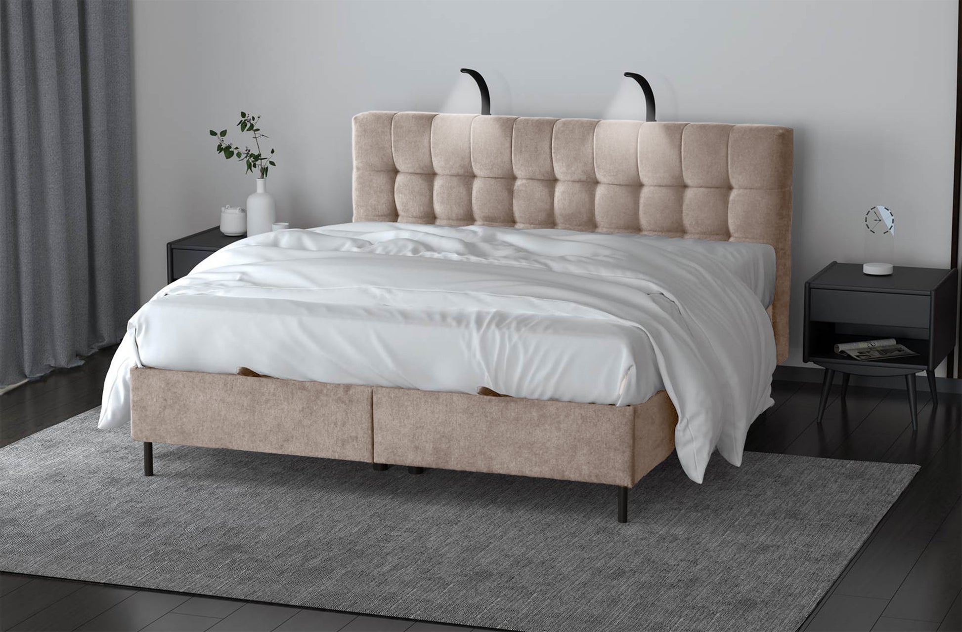 NUNA Kontinentālā gulta 140/160/180x200 cm ar matraci, glabātuvi un LED apgaismojumu, bēšs samts - N1 Home