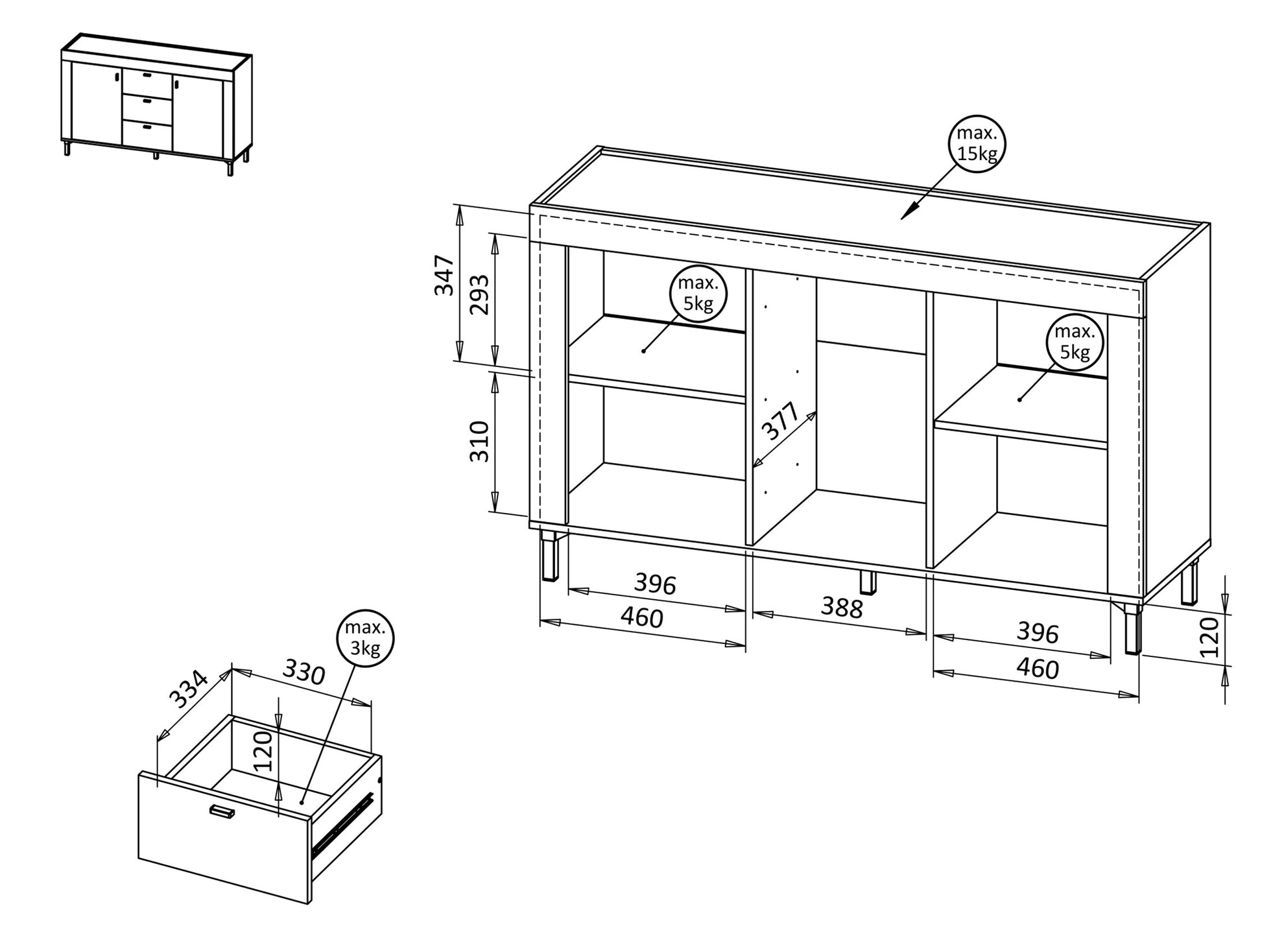 Kumode Lamos 130/77/38 cm balts/melns - N1 Home