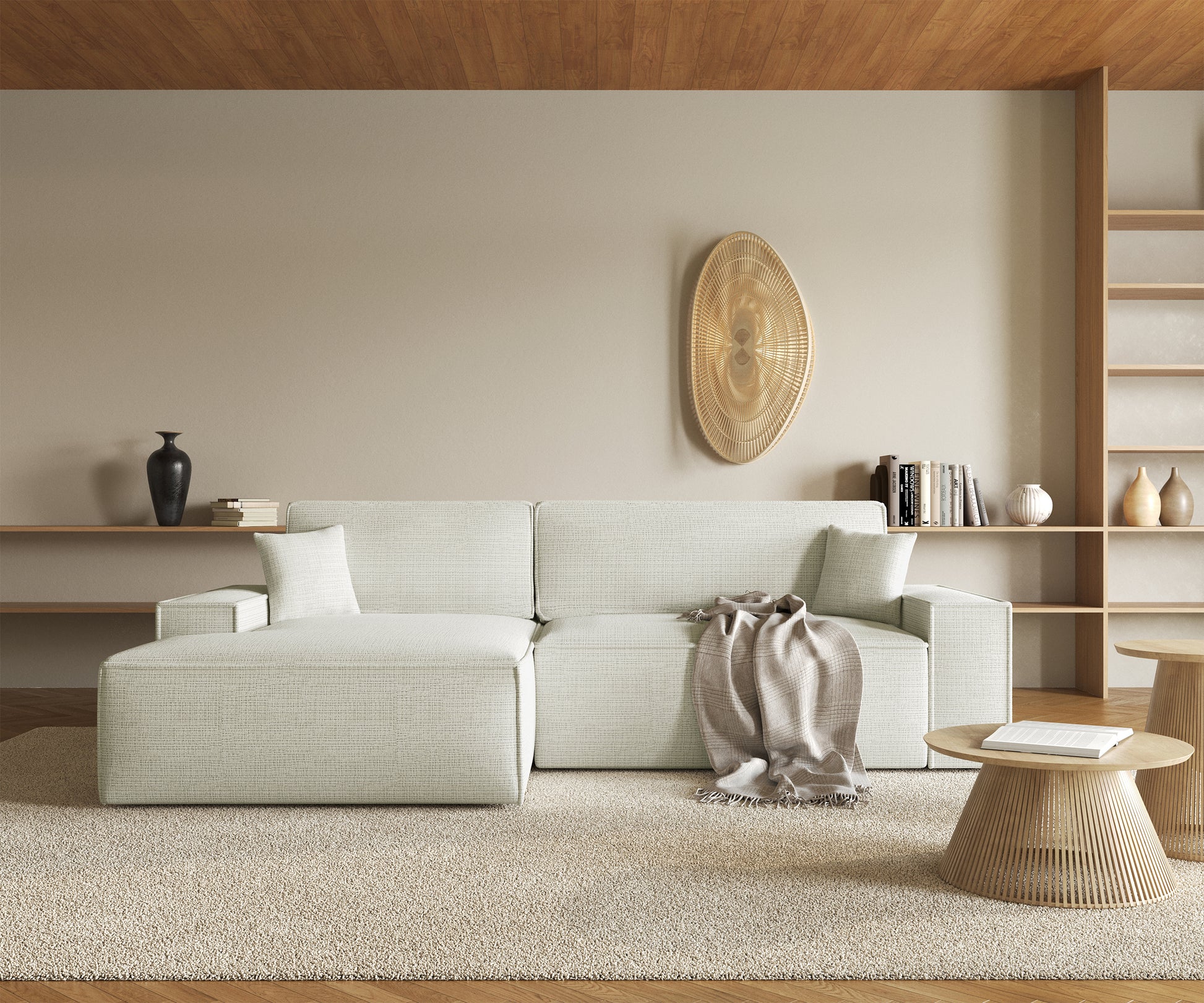 REFESE L-veida dīvāns ar gulēšanas funkciju un glabāšanas kasti, gaiši pelēks šenils, kreisa puse Cremona 01 - N1 Home