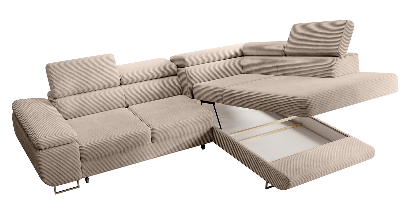 VILSTEV L-formas stūra dīvāns ar gulēšanas funkciju, ar konteineru, tumši bēšs velvets, laba puse - N1 Home