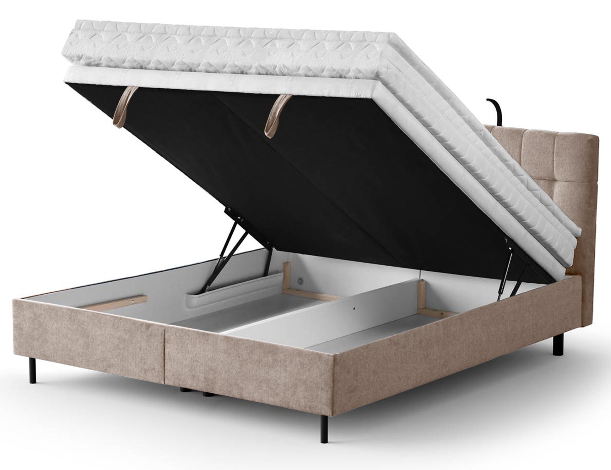 NUNA Kontinentālā gulta 140/160/180x200 cm ar matraci, glabātuvi un LED apgaismojumu, bēšs samts - N1 Home