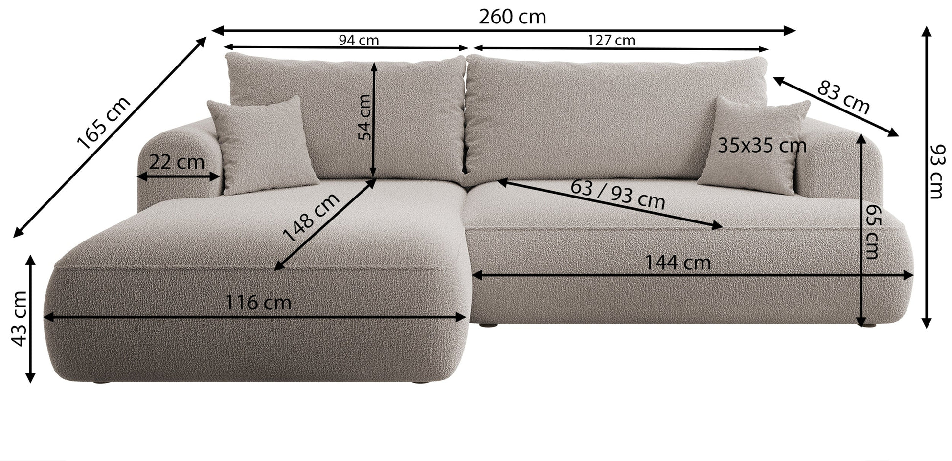 Dīvāns Ovors 260/93/165 cm Castel 79 - N1 Home