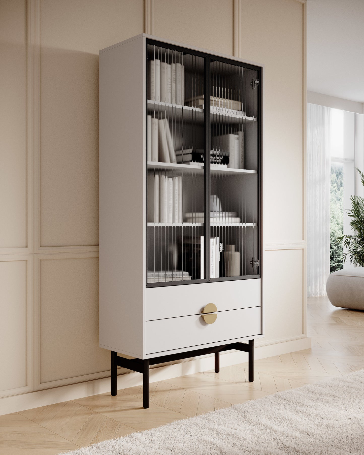 LOON 85 cm augsts skapis ar četriem plauktiem un divām atvilktnēm, balts - N1 Home