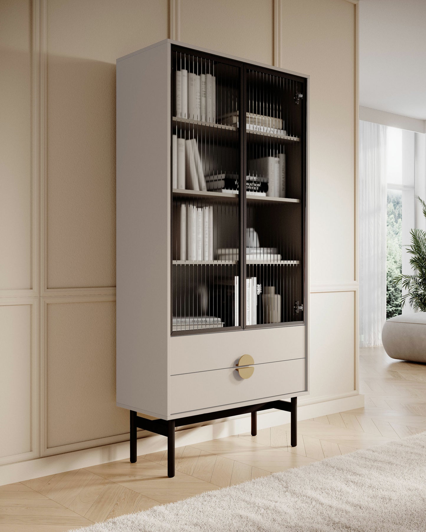 LOON 85 cm augsts skapis ar četriem plauktiem un divām atvilktnēm, pelēki bēšs - N1 Home