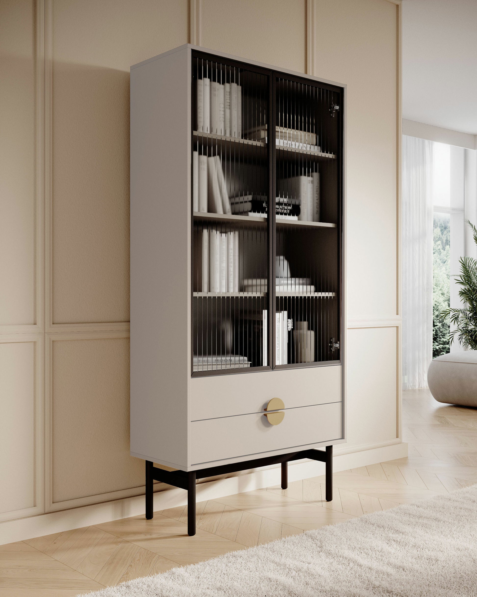 LOON 85 cm augsts skapis ar četriem plauktiem un divām atvilktnēm, pelēki bēšs - N1 Home