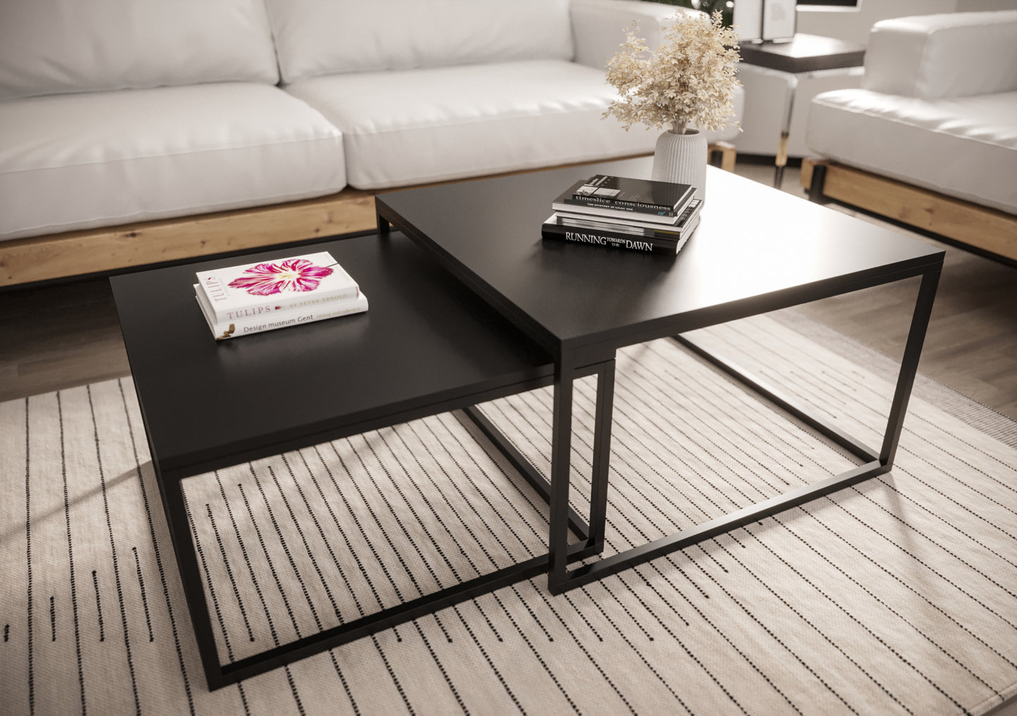 BELLO Divu kvadrātveida kafijas galdiņu komplekts, 70 cm un 60 cm, matēts melns - N1 Home