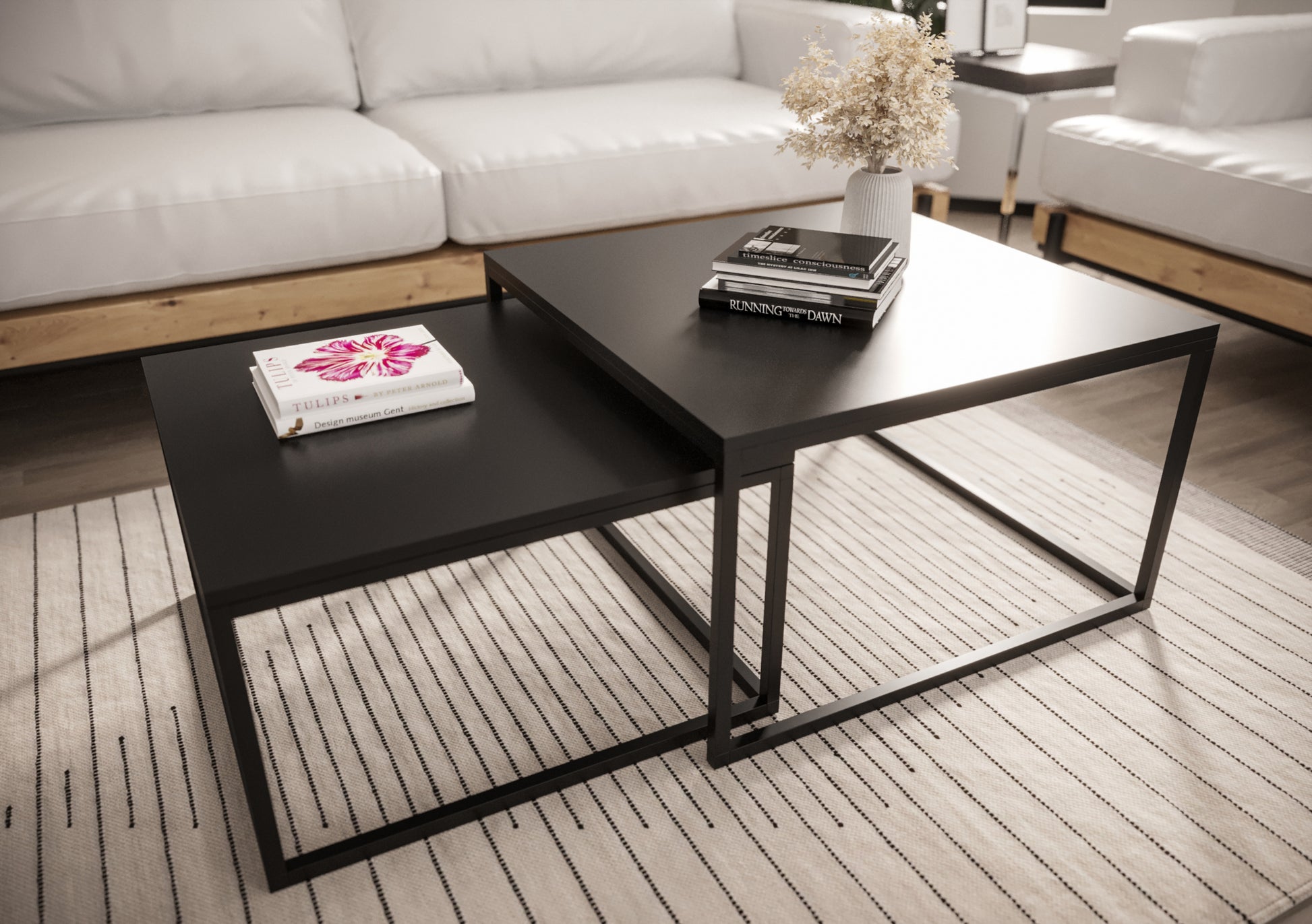 BELLO Divu kvadrātveida kafijas galdiņu komplekts, 70 cm un 60 cm, matēts melns - N1 Home