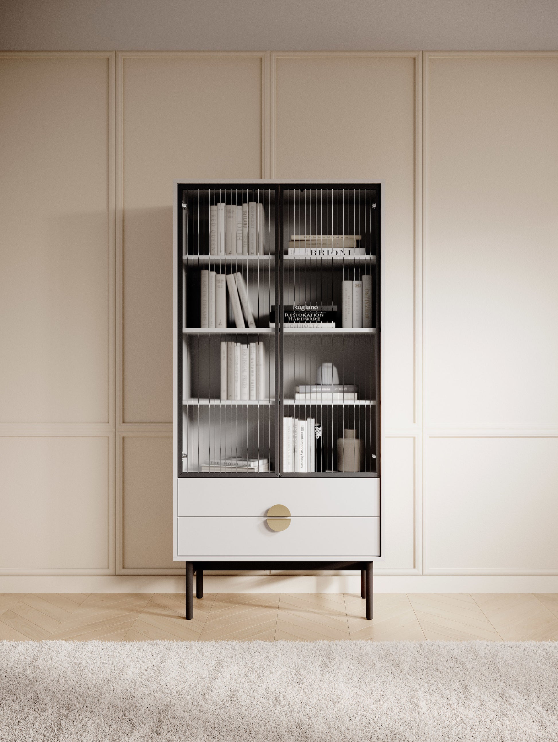 LOON 85 cm augsts skapis ar četriem plauktiem un divām atvilktnēm, balts - N1 Home