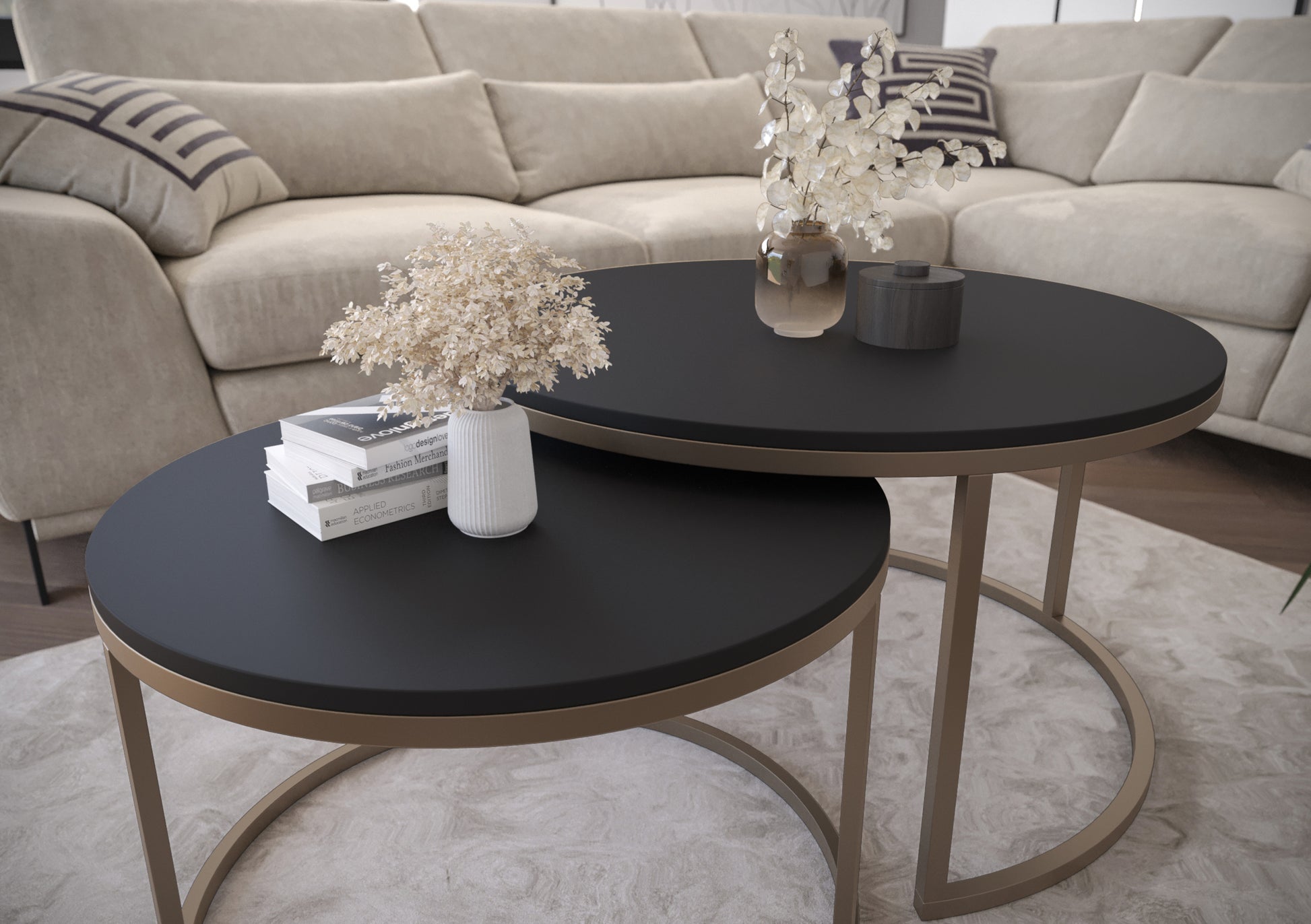 BELLO Divu kafijas galdiņu komplekts, apaļš, 80 un 60 cm, matēts melns ar zelta kājām - N1 Home