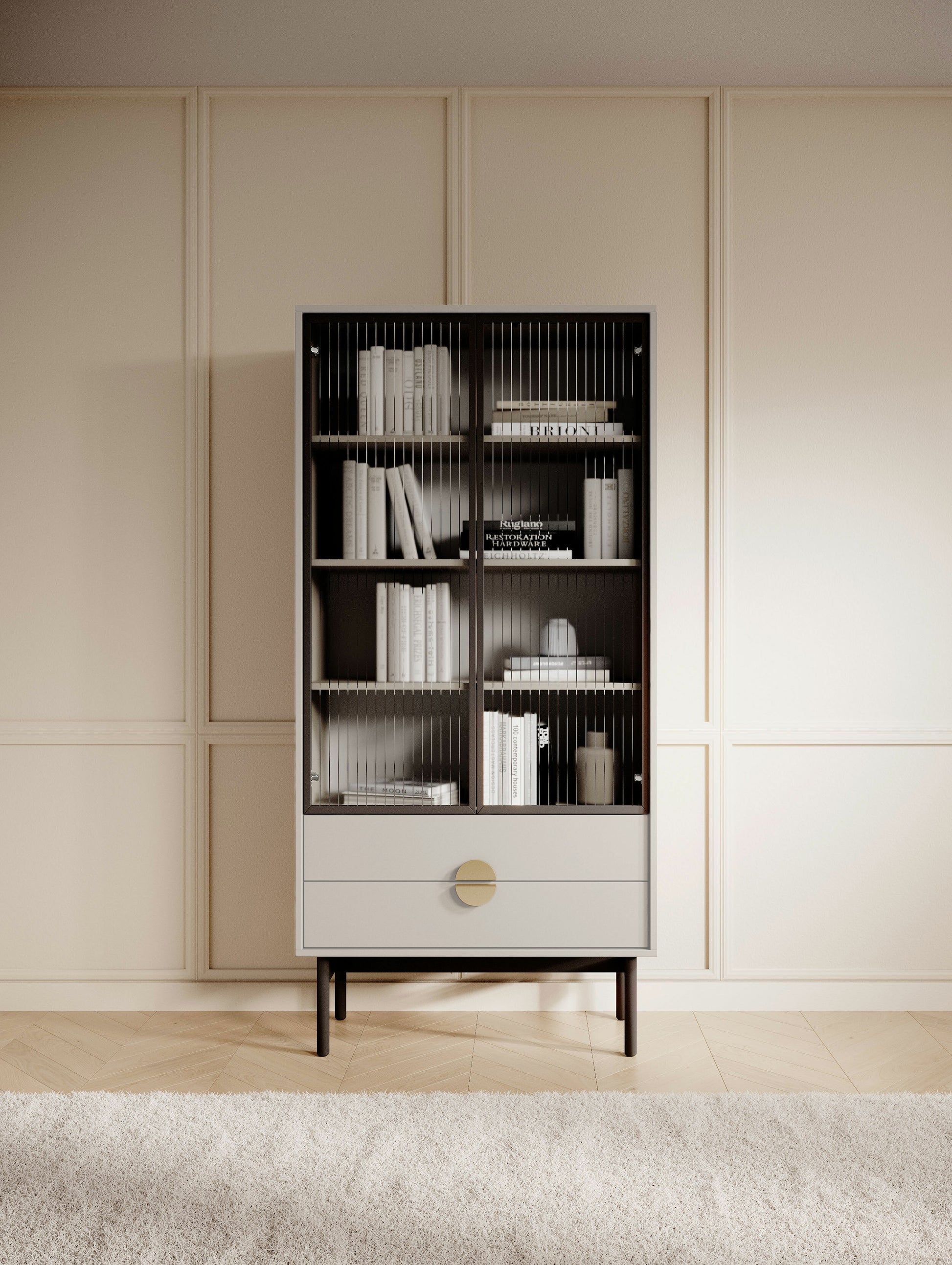 LOON 85 cm augsts skapis ar četriem plauktiem un divām atvilktnēm, pelēki bēšs - N1 Home