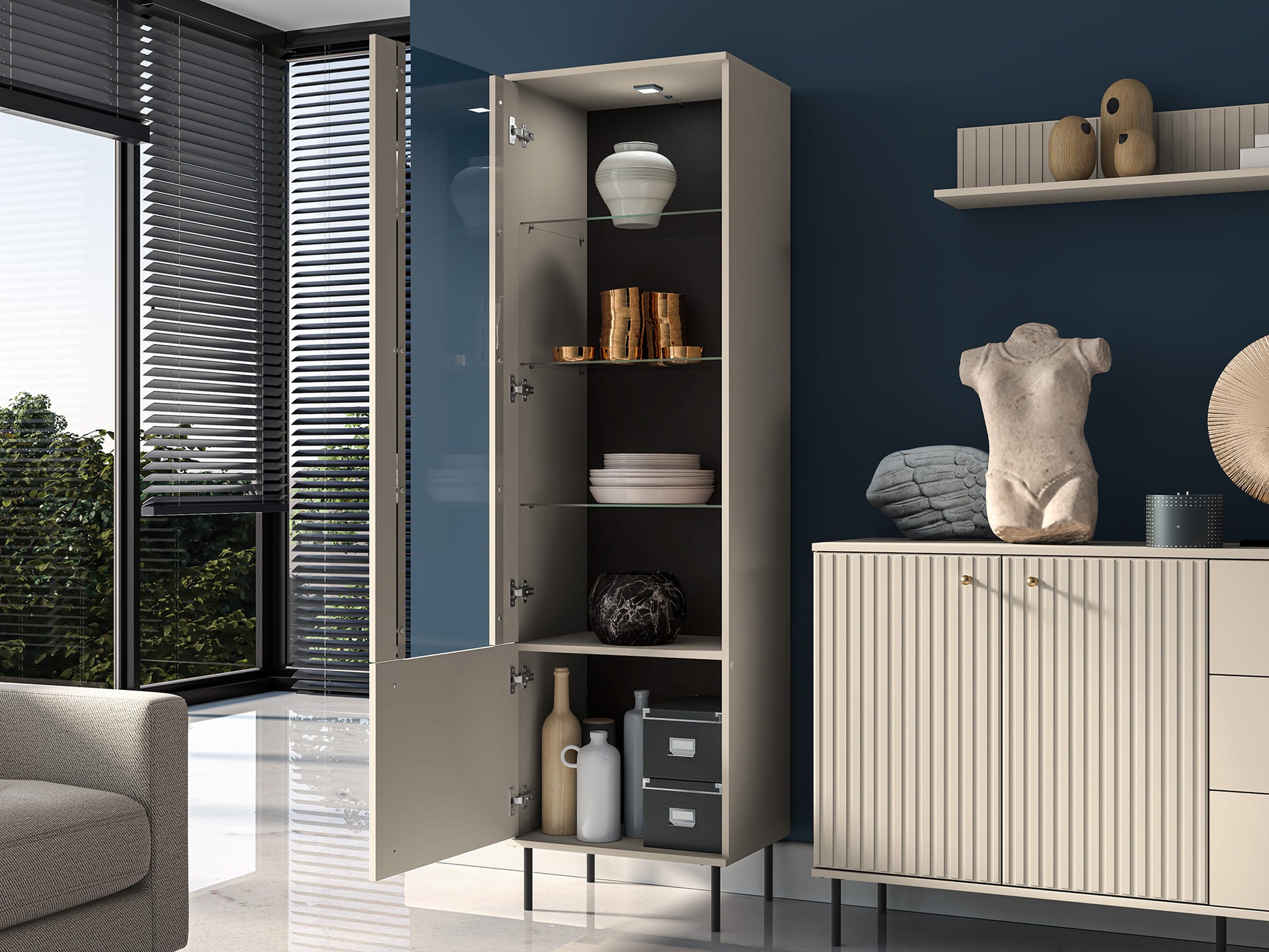 Vitrīnas skapis Galeto 190/55/40 cm bēšs - N1 Home