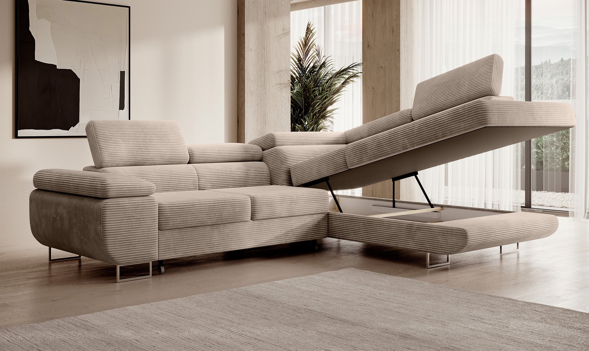 VILSTEV L-formas stūra dīvāns ar gulēšanas funkciju, ar konteineru, tumši bēšs velvets, laba puse - N1 Home