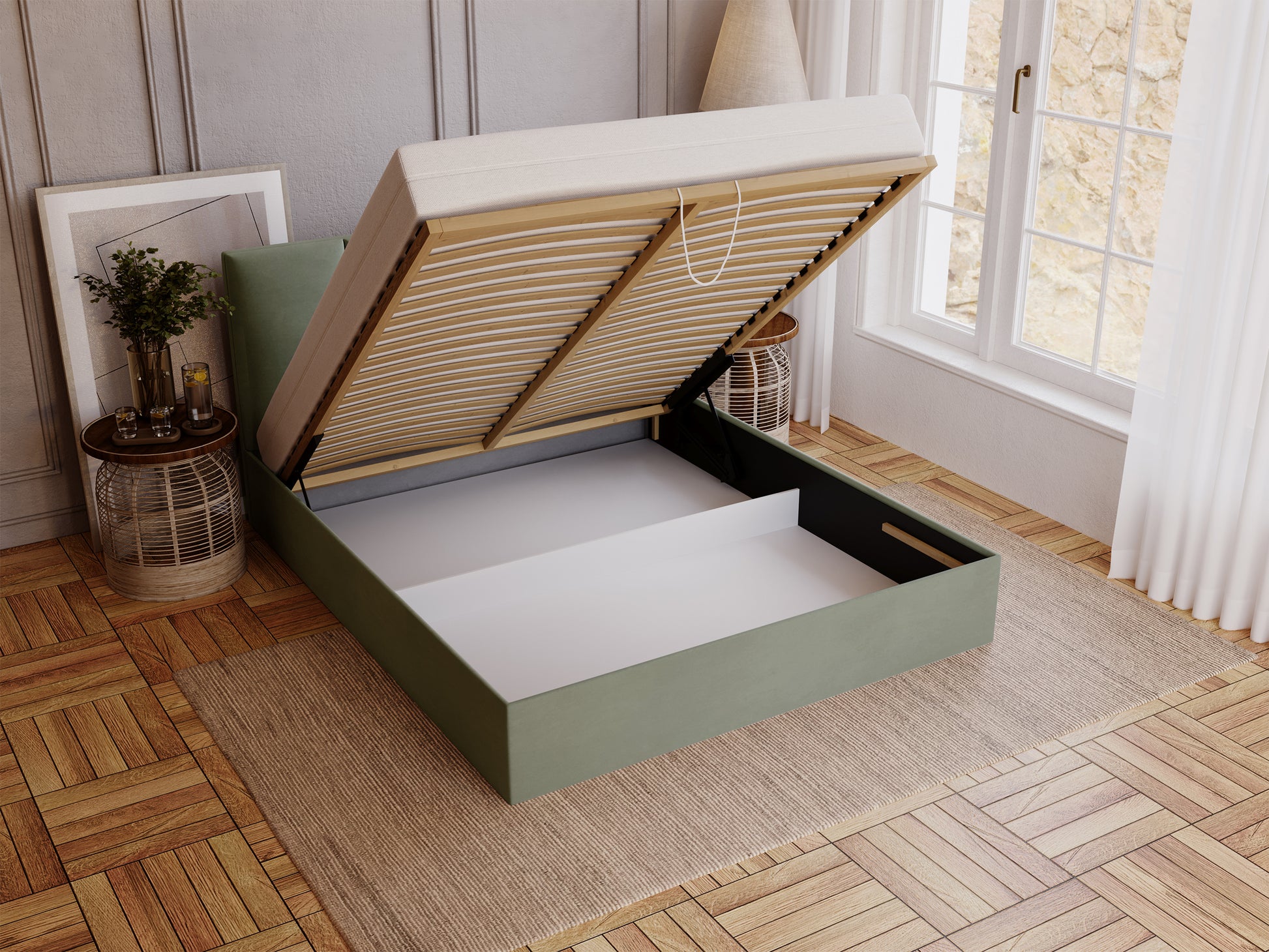 PRIMI Mīkstā gulta 120/140/160/180x200 cm ar  uzglabāšanas kasti, eikalipta samta hidrofobu - N1 Home