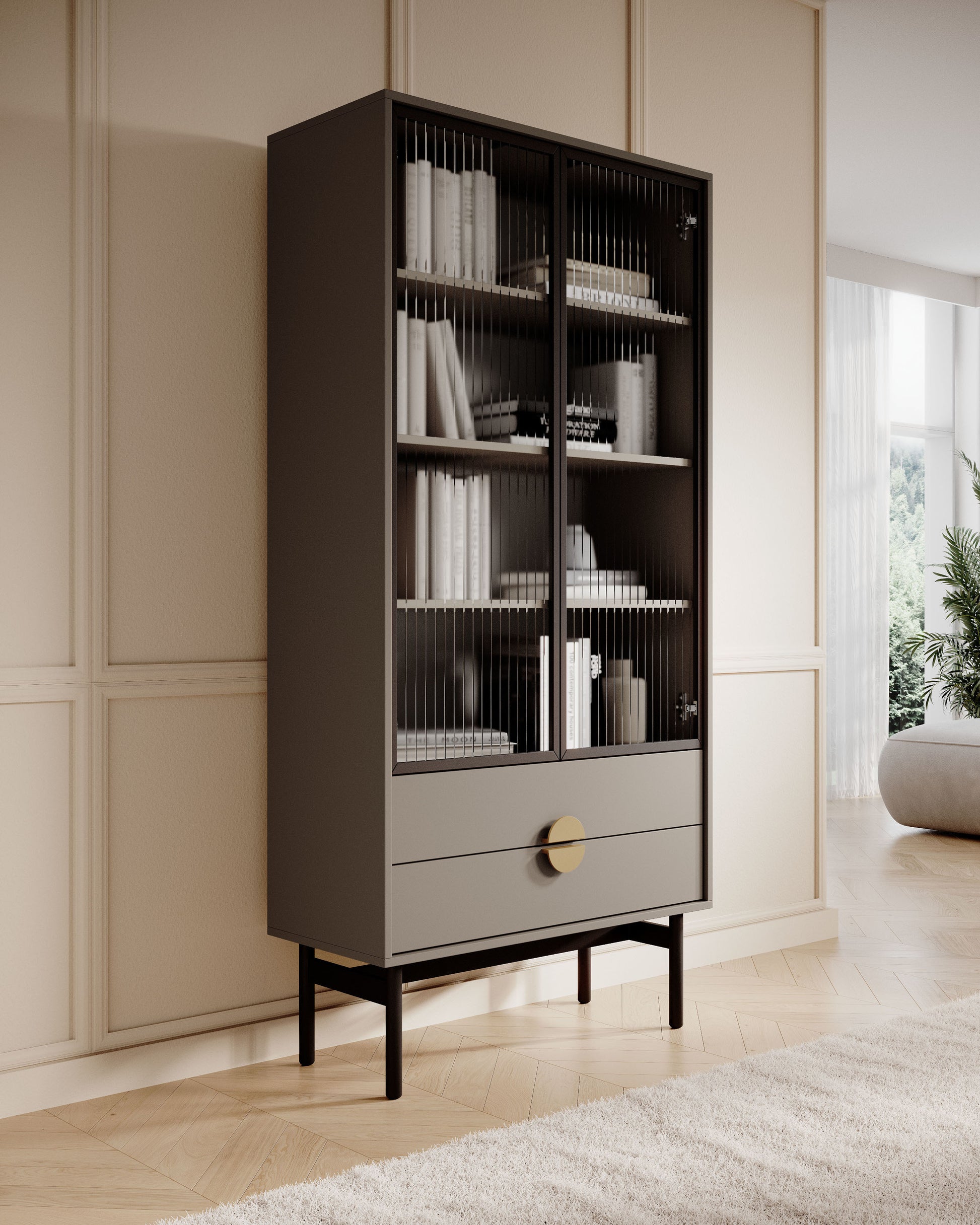 LOON 85 cm augsts skapis ar četriem plauktiem un divām atvilktnēm, bēšs/kapučīno krāsā - N1 Home