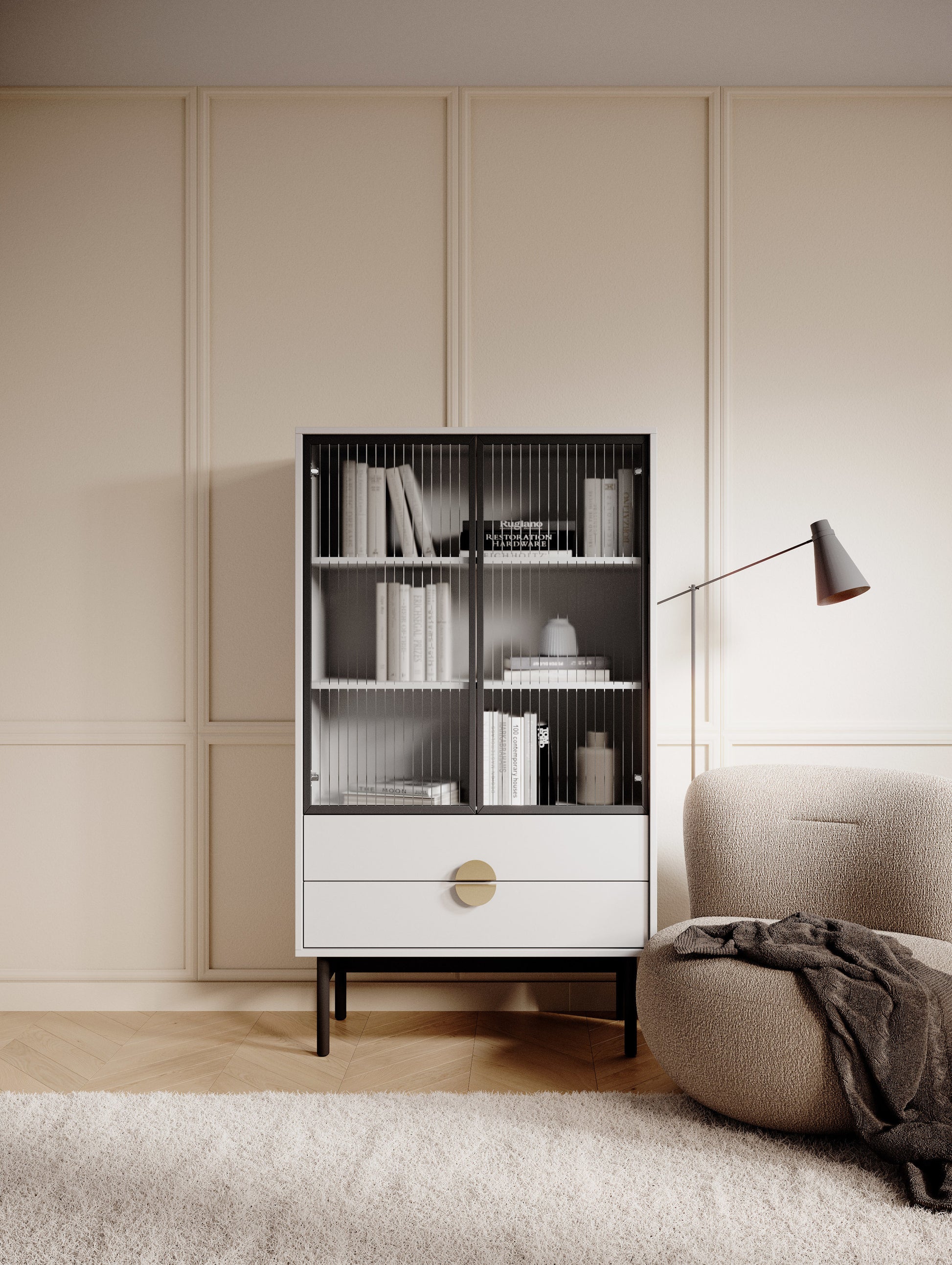 LOON 85 cm zema vitrīna ar trim plauktiem un divām atvilktnēm 85 cm, balta - N1 Home