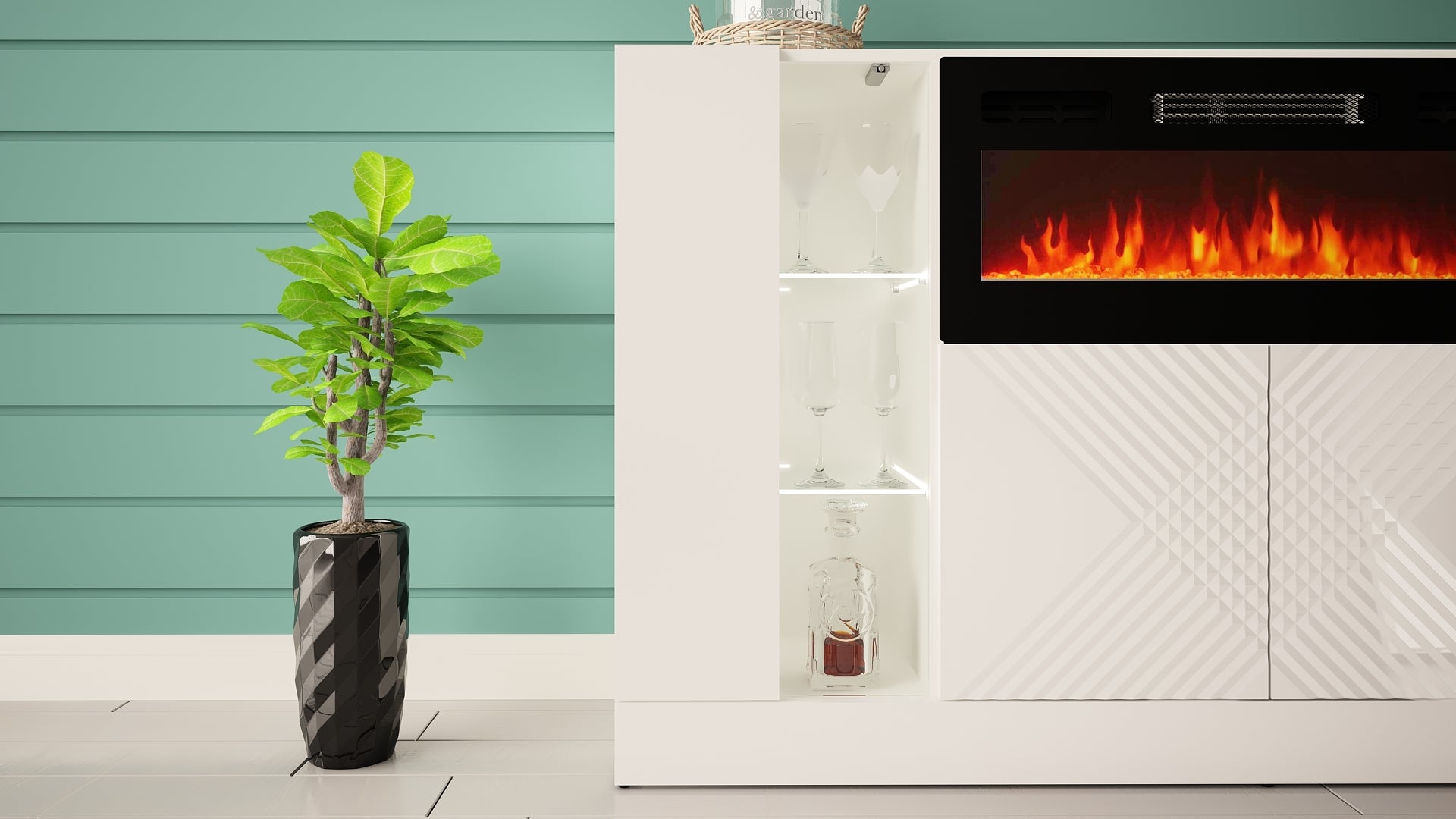 Kumode ar elektrisko kamīnu Dalika 160/90/35 cm balts - N1 Home