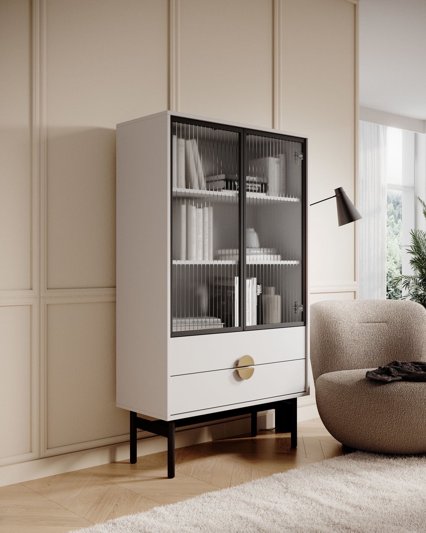 LOON 85 cm zema vitrīna ar trim plauktiem un divām atvilktnēm 85 cm, balta - N1 Home