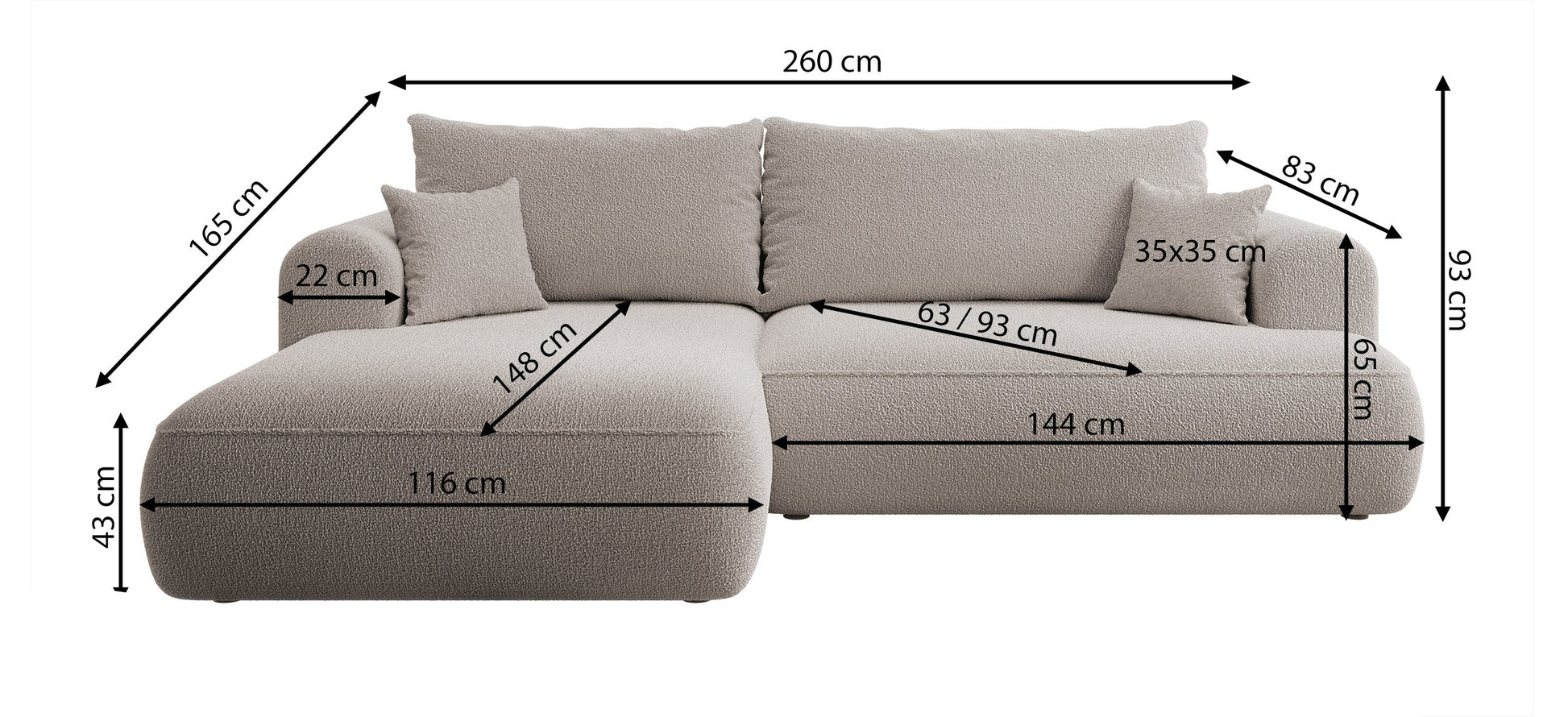 Dīvāns Ovors 260/93/165 cm Castel 03 - N1 Home