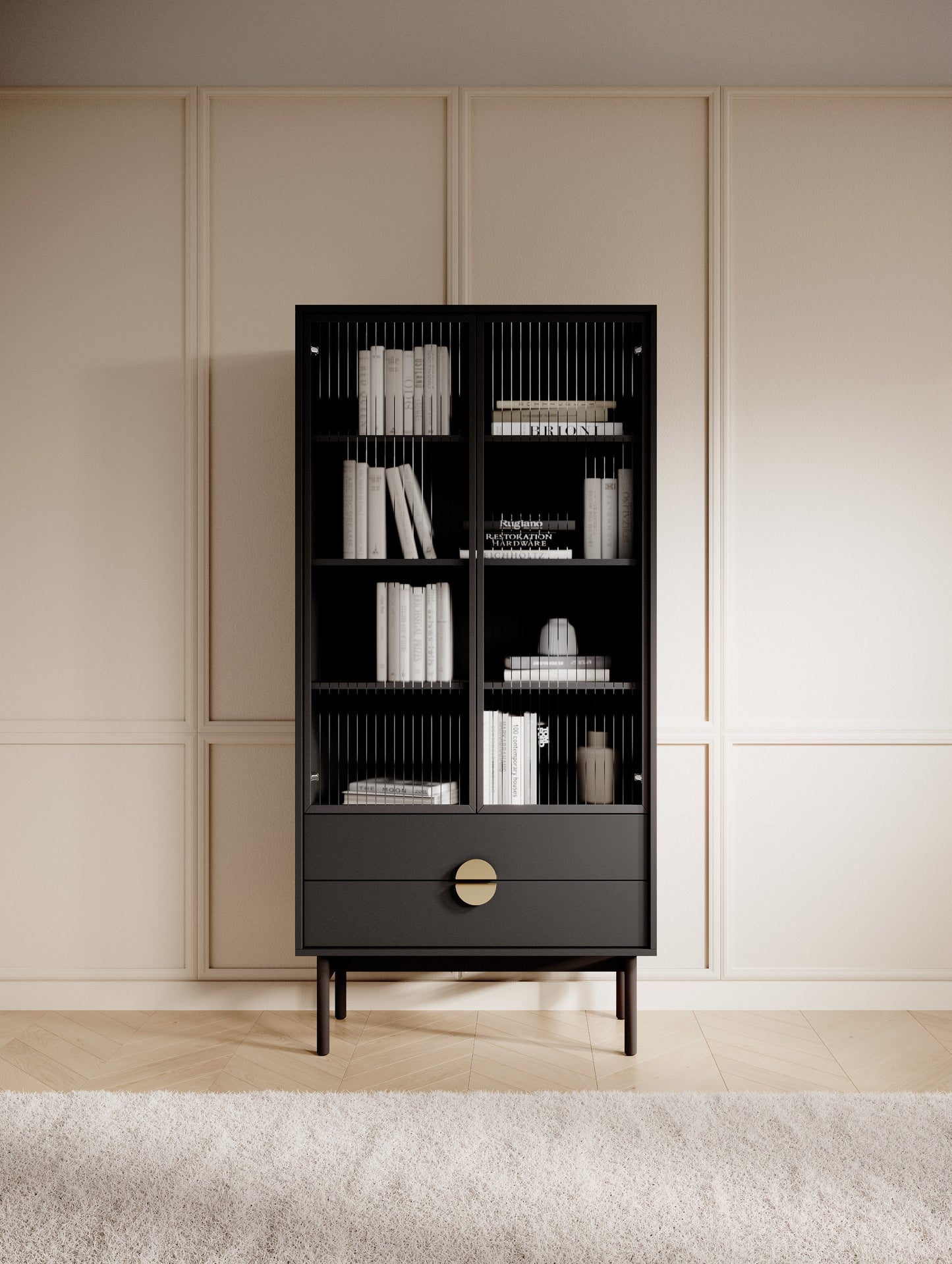 LOON 85 cm augsts skapis ar četriem plauktiem un divām atvilktnēm, melns - N1 Home