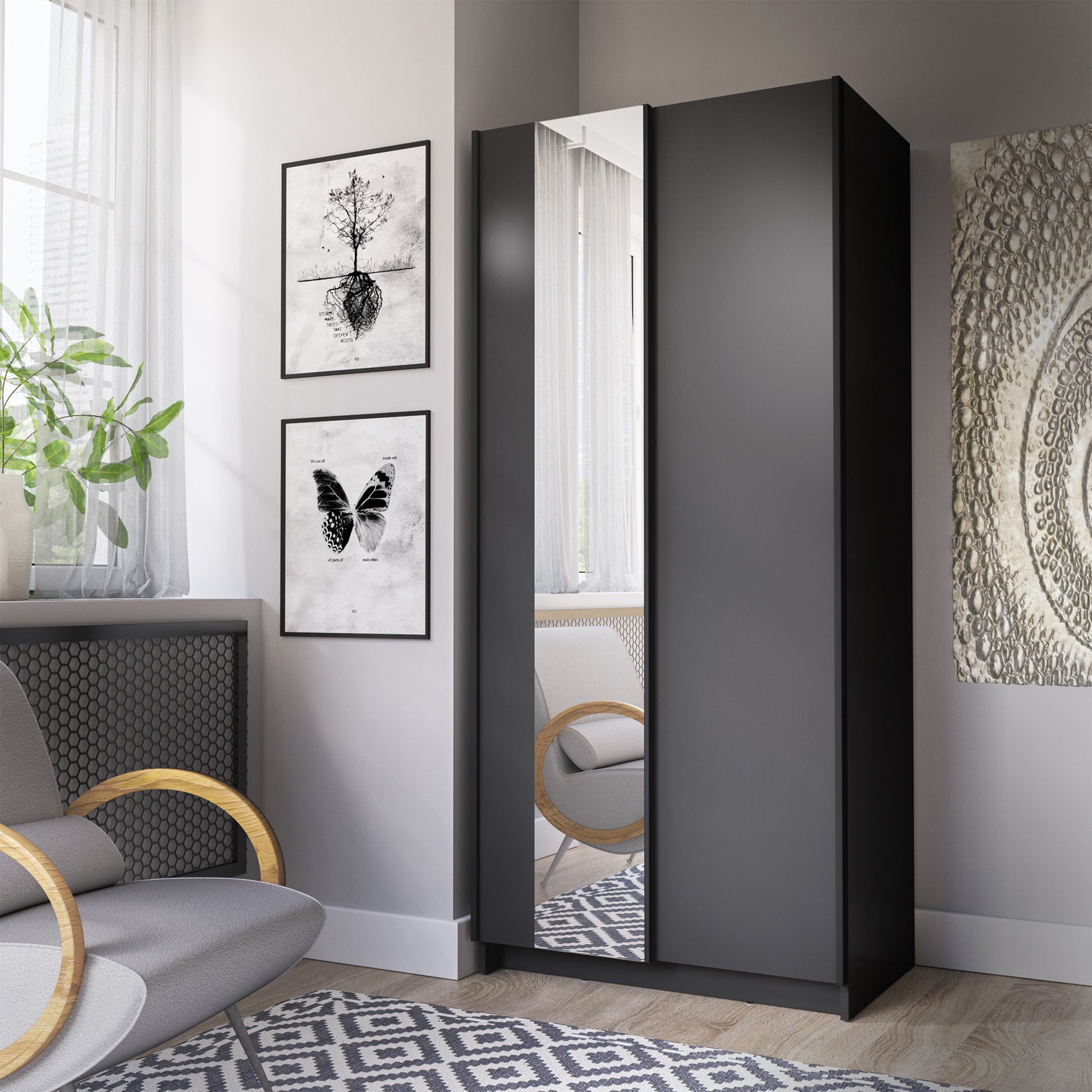 DIAFO Divdurvju bīdāmais skapis ar spoguli, 80 cm, melns - N1 Home