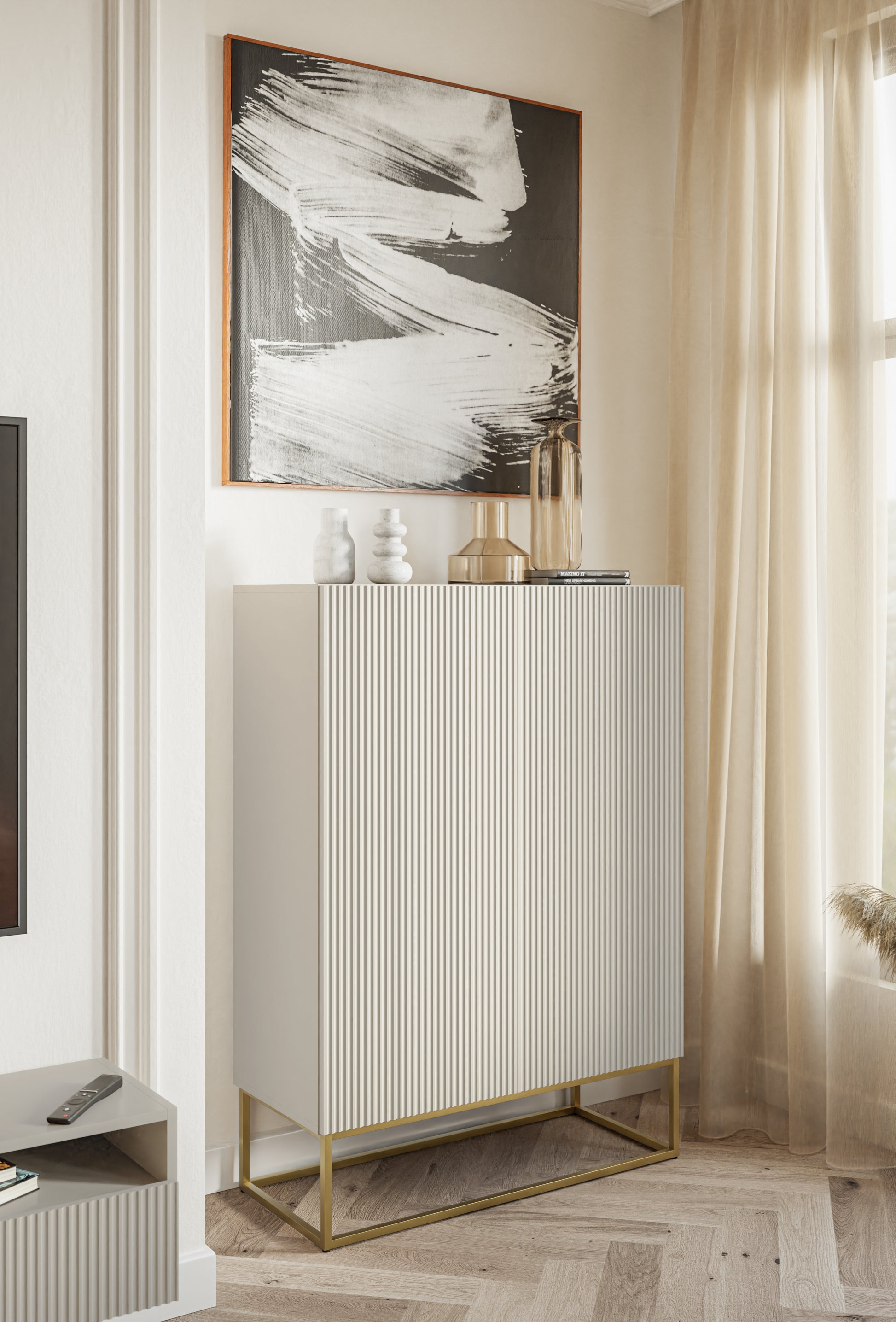 Kumode Velda 90/125/38 cm bēšs/zelts - N1 Home