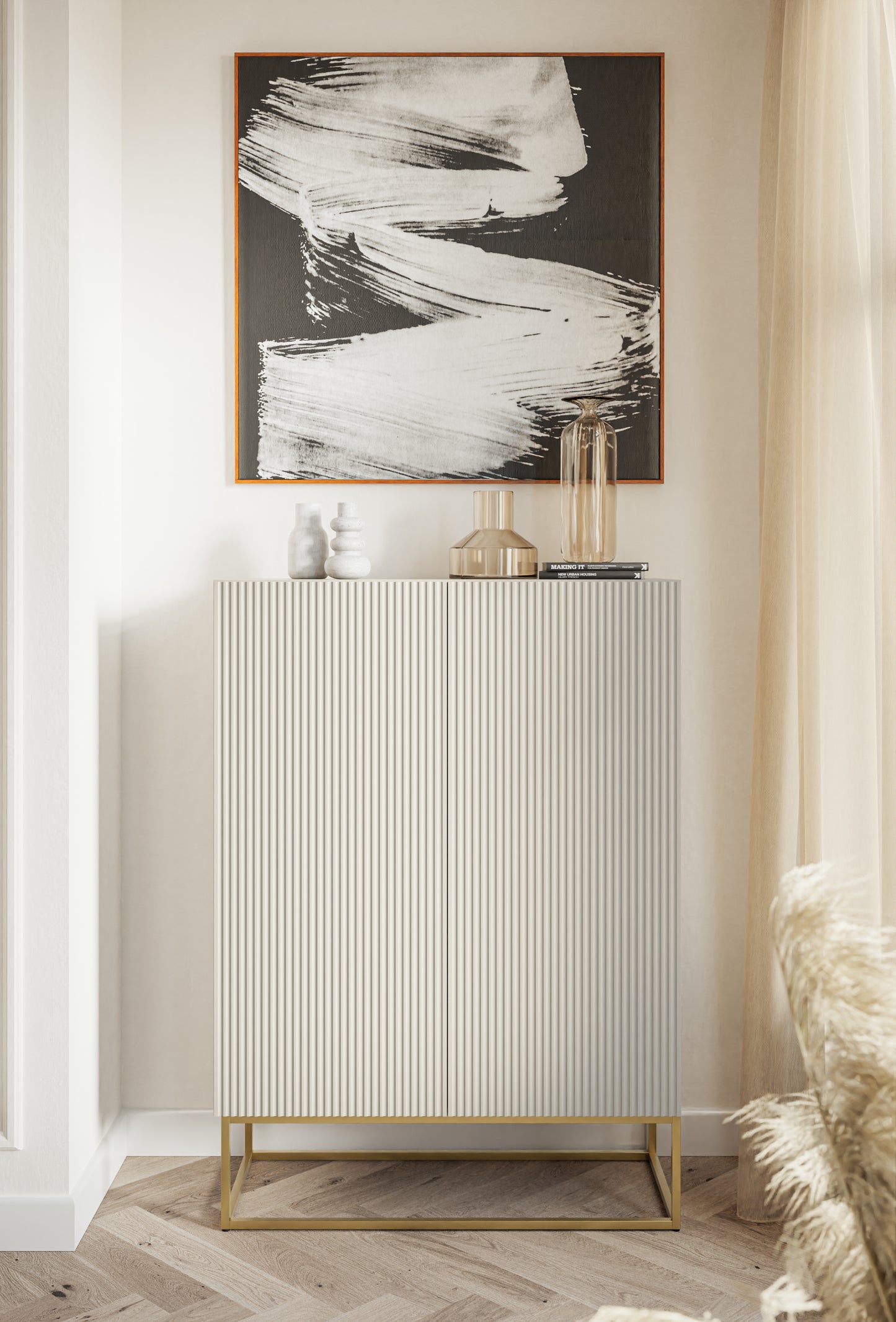 Kumode Velda 90/125/38 cm bēšs/zelts - N1 Home