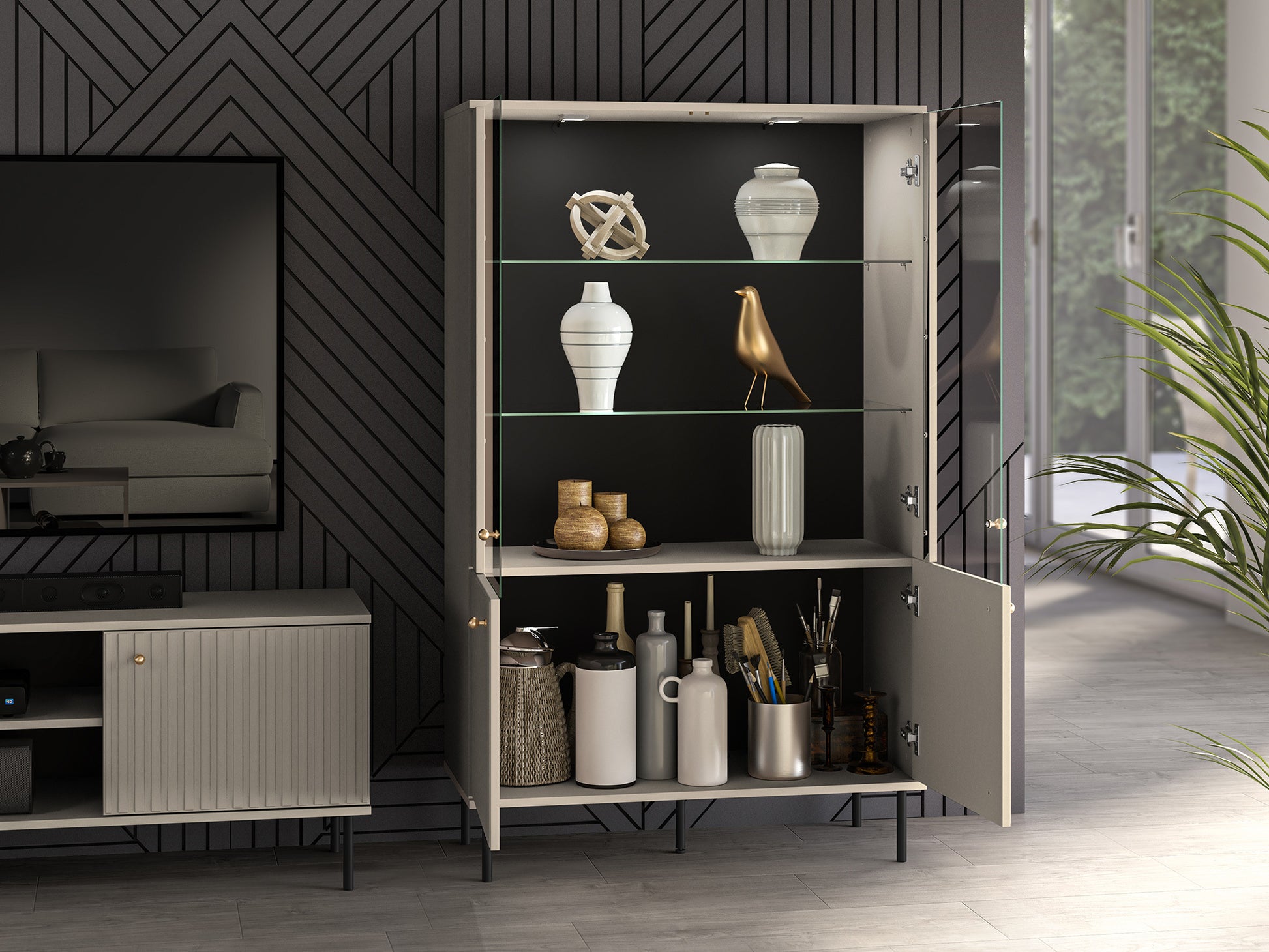 Vitrīnas skapis Galeto 151/92/40 cm bēšs - N1 Home