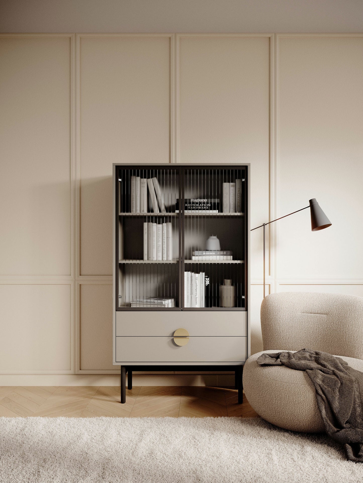 LOON 85 cm zema vitrīna ar trim plauktiem un divām atvilktnēm 85 cm, pelēki bēšs - N1 Home