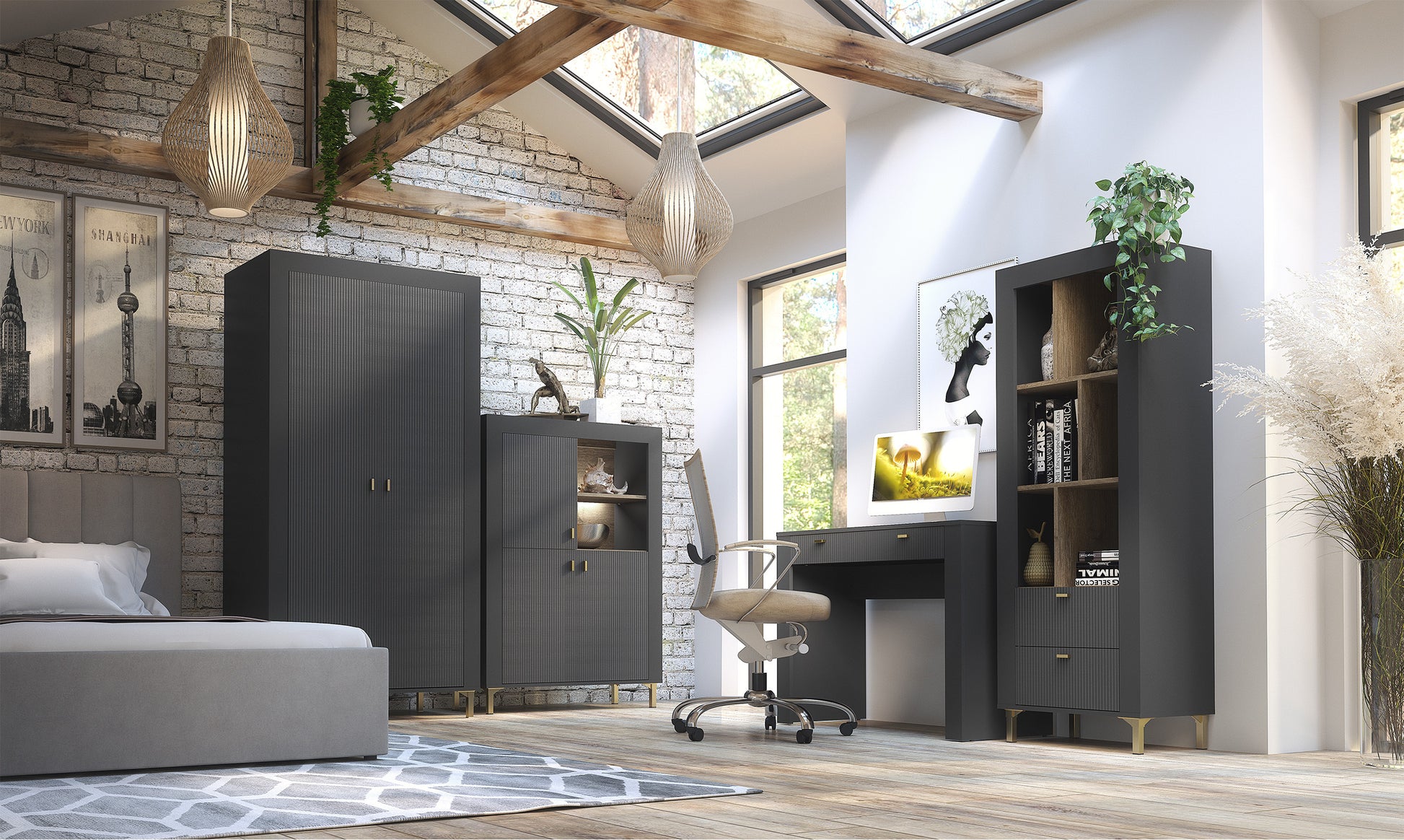 NOMILLA Divu durvju skapis 94 cm melns / viskija ozols - N1 Home