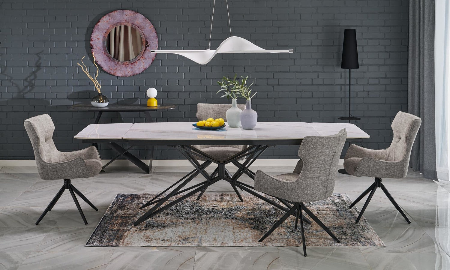 Galds Alfer 160-240/91/76 cm balts marmors/melns - N1 Home