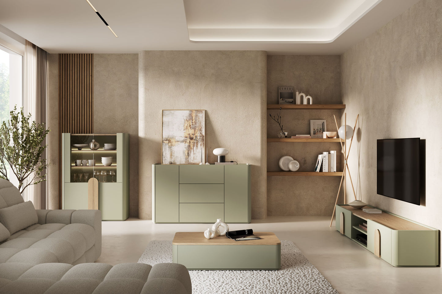 TV skapis Amil 220/35.5/48 cm Eikalipts / Baltijas kāpu ozols / Dabīgais ozols - N1 Home