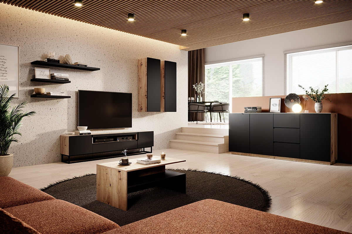 TV skapis LOFT uz metāla kājām 200/52/37 cm melns/dabīgs - N1 Home