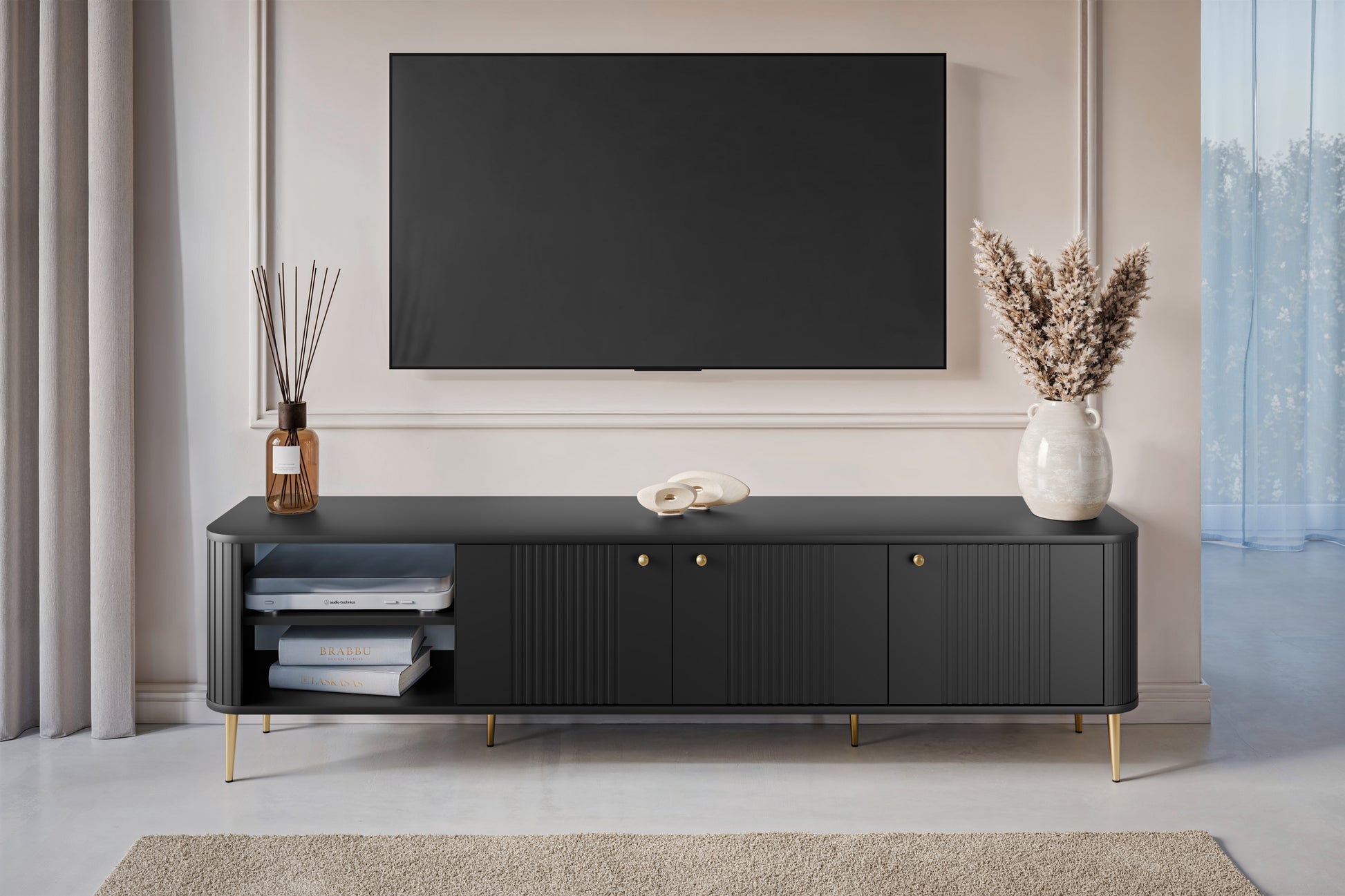 TV skapis Vespa  187/51/38 cm melns/zelts - N1 Home