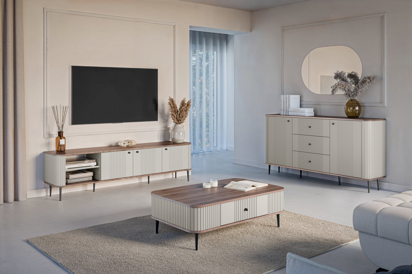 TV skapis Vespa  187/51/38 cm kašmirs/rieksts/melns - N1 Home