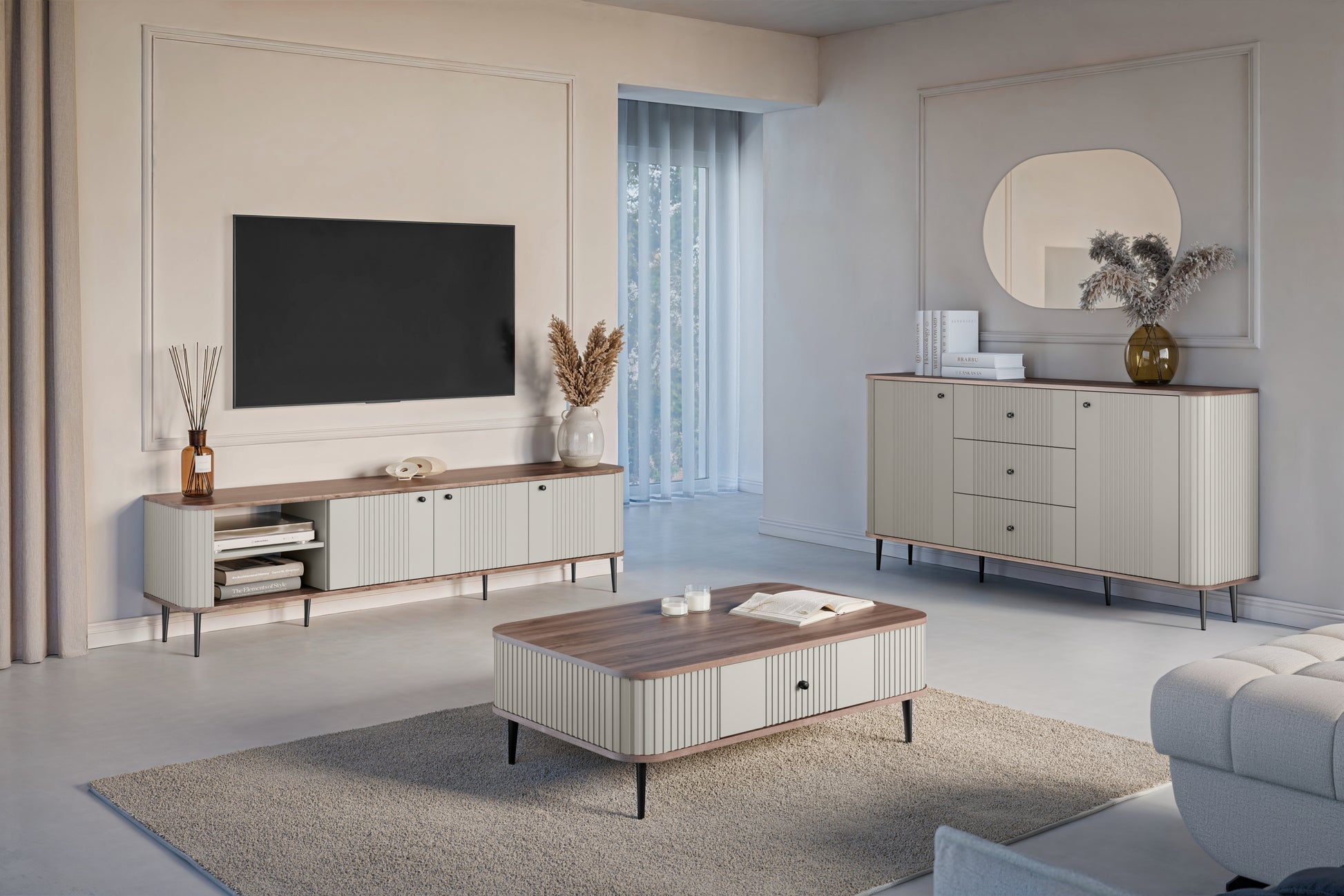 TV skapis Vespa  187/51/38 cm kašmirs/rieksts/melns - N1 Home