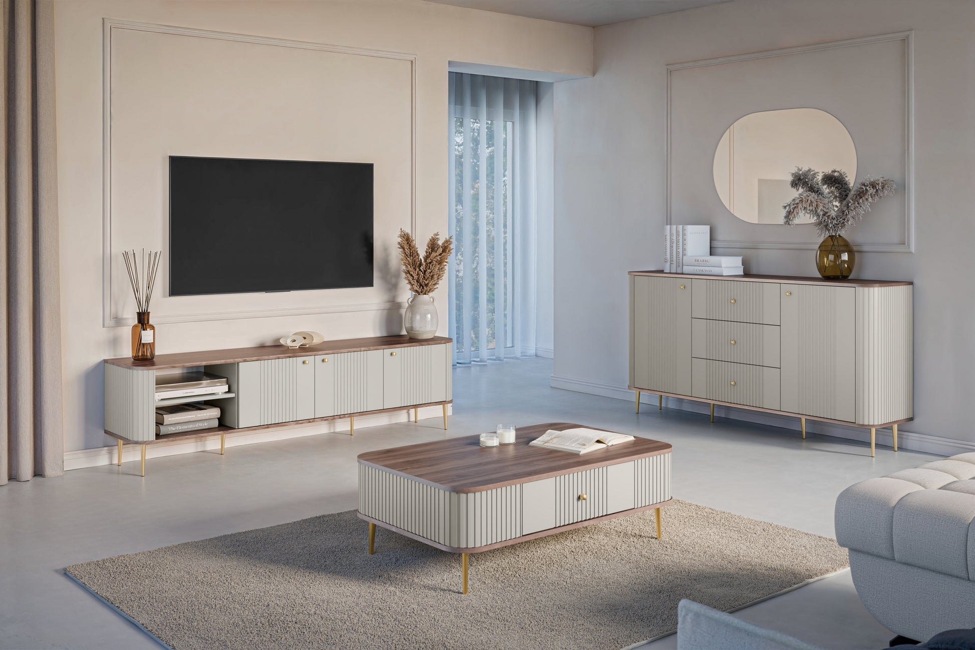 TV skapis Vespa  187/51/38 cm kašmirs/rieksts/zelts - N1 Home