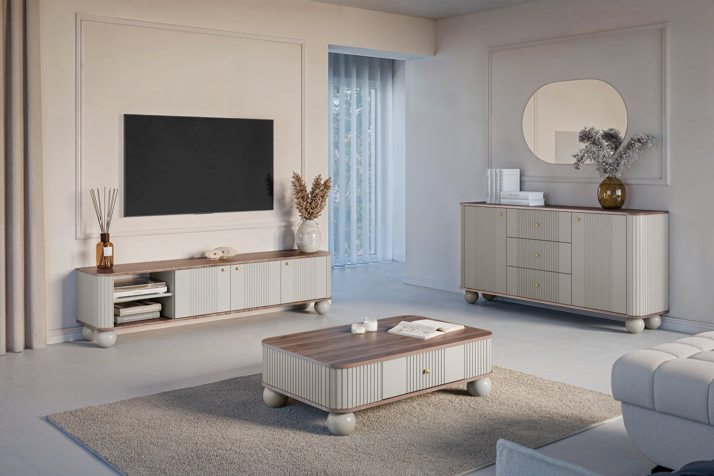 TV skapis Vespa  187/48/38 cm kašmirs/rieksts/zelts - N1 Home